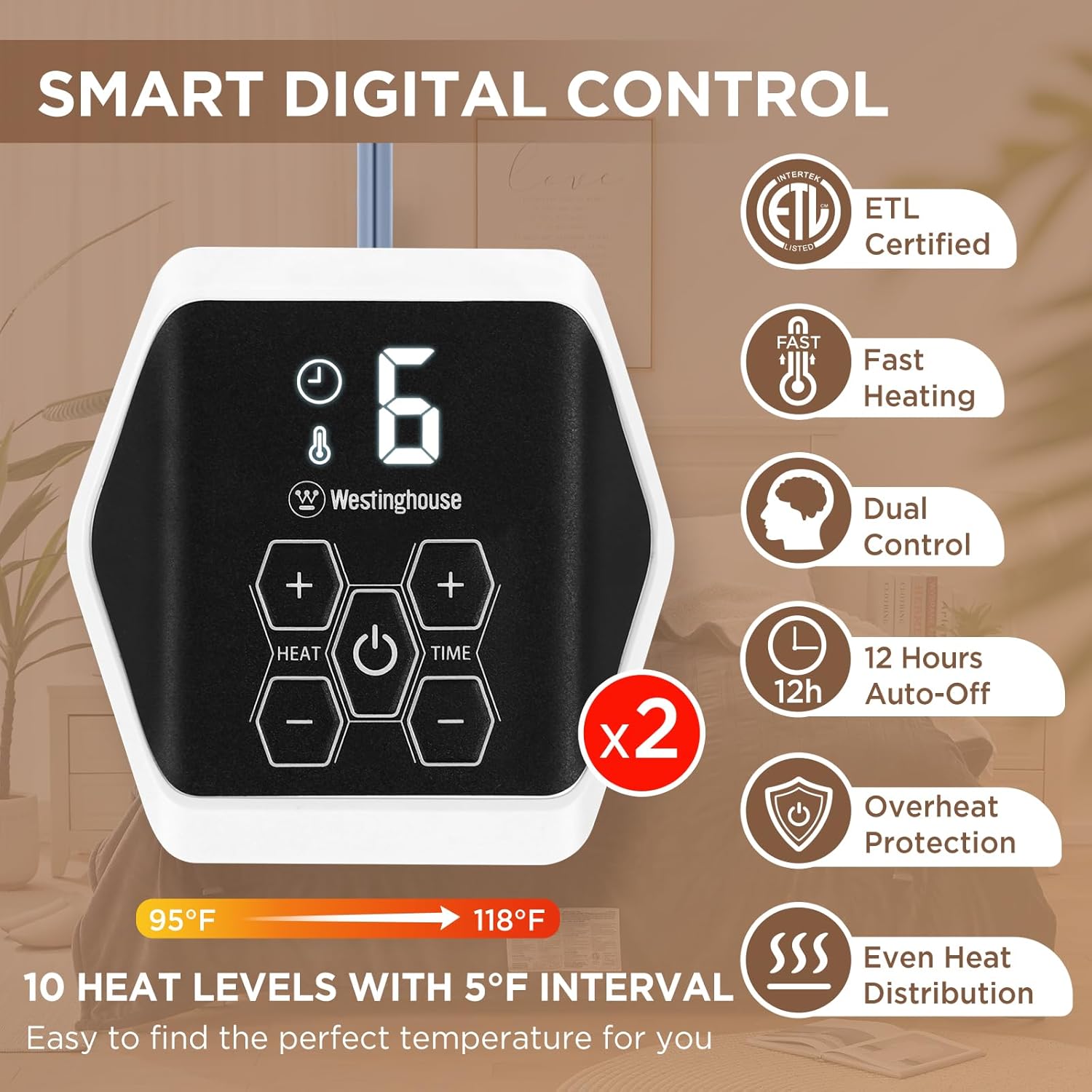Westinghouse Heated Throw Blanket, Soft Flannel to Sherpa Electric Throw with 6 Heating Levels, 2-10 Hours Time Settings, Fast Heating, Machine Washable 50x60 Inch, Charcoal