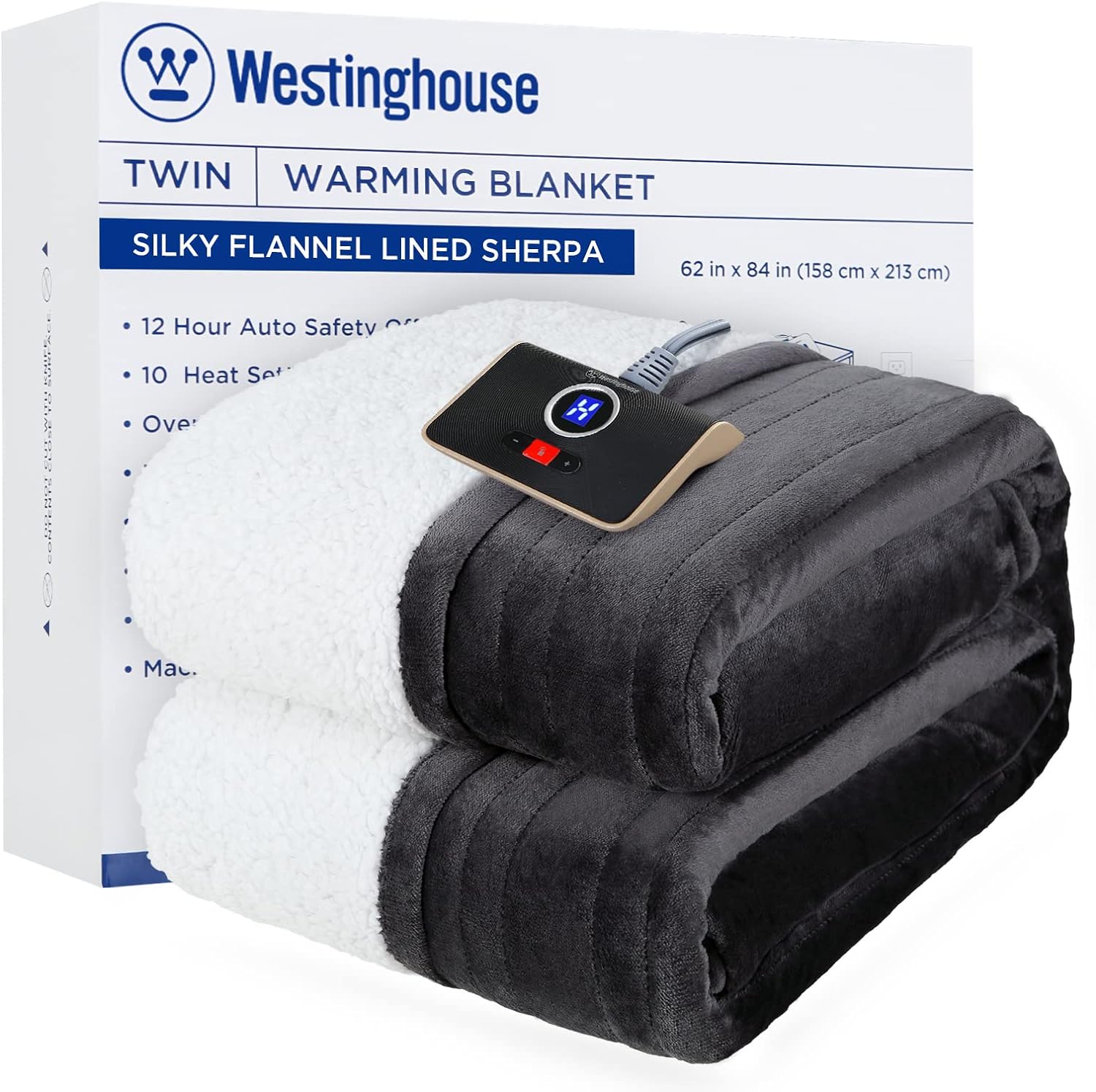 Westinghouse Heated Throw Blanket, Soft Flannel to Sherpa Electric Throw with 6 Heating Levels, 2-10 Hours Time Settings, Fast Heating, Machine Washable 50x60 Inch, Charcoal