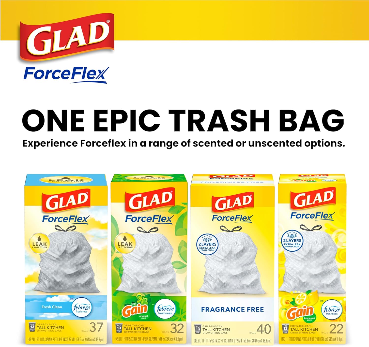 Glad Tall Kitchen Drawstring Trash Bags - Odorshield 13 Gallon White Trash Bag, Febreze Fresh Clean, 110 Count