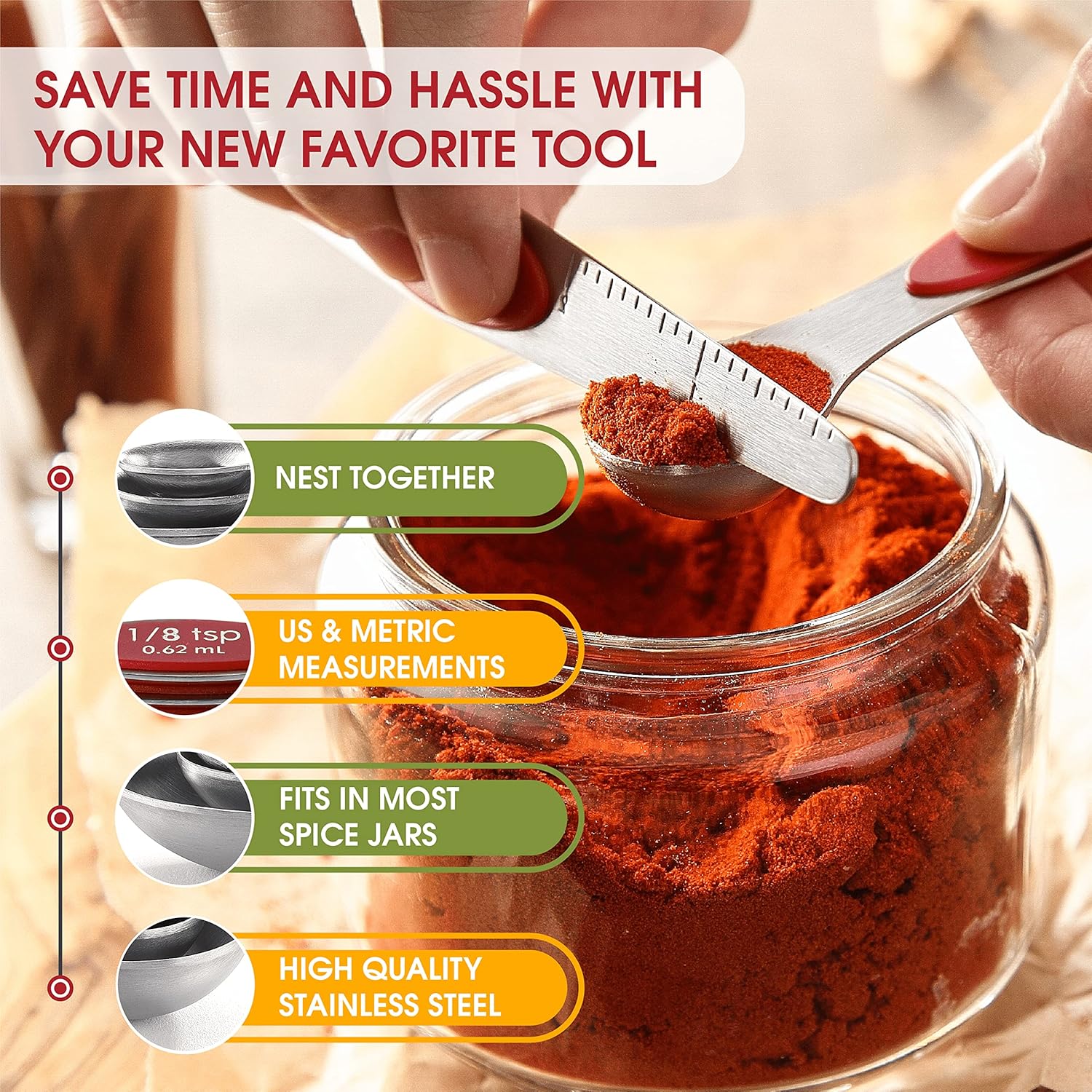 Spring Chef Magnetic Measuring Spoons Set with Strong N45 Magnets, Heavy Duty Stainless Steel Metal, Fits in Most Kitchen Spice Jars for Baking & Cooking, BPA Free, Black, Set of 8 with Leveler