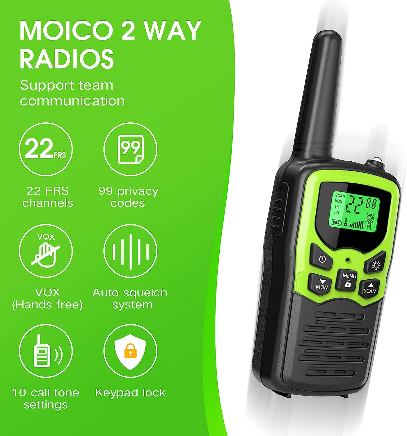 Walkie Talkies, MOICO Long Range Walkie Talkies for Adults with 22 FRS Channels, Family Walkie Talkie with LED Flashlight VOX LCD Display for Hiking Camping Trip (Orange 2 Pack)