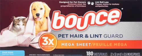 Bounce Pet Hair and Lint Guard Mega Fabric Softener Dryer Sheets with 3X Pet Hair Fighters, Fresh Scent, 180 Count, Bounce Dryer Sheets, Pet Hair Remover for Laundry