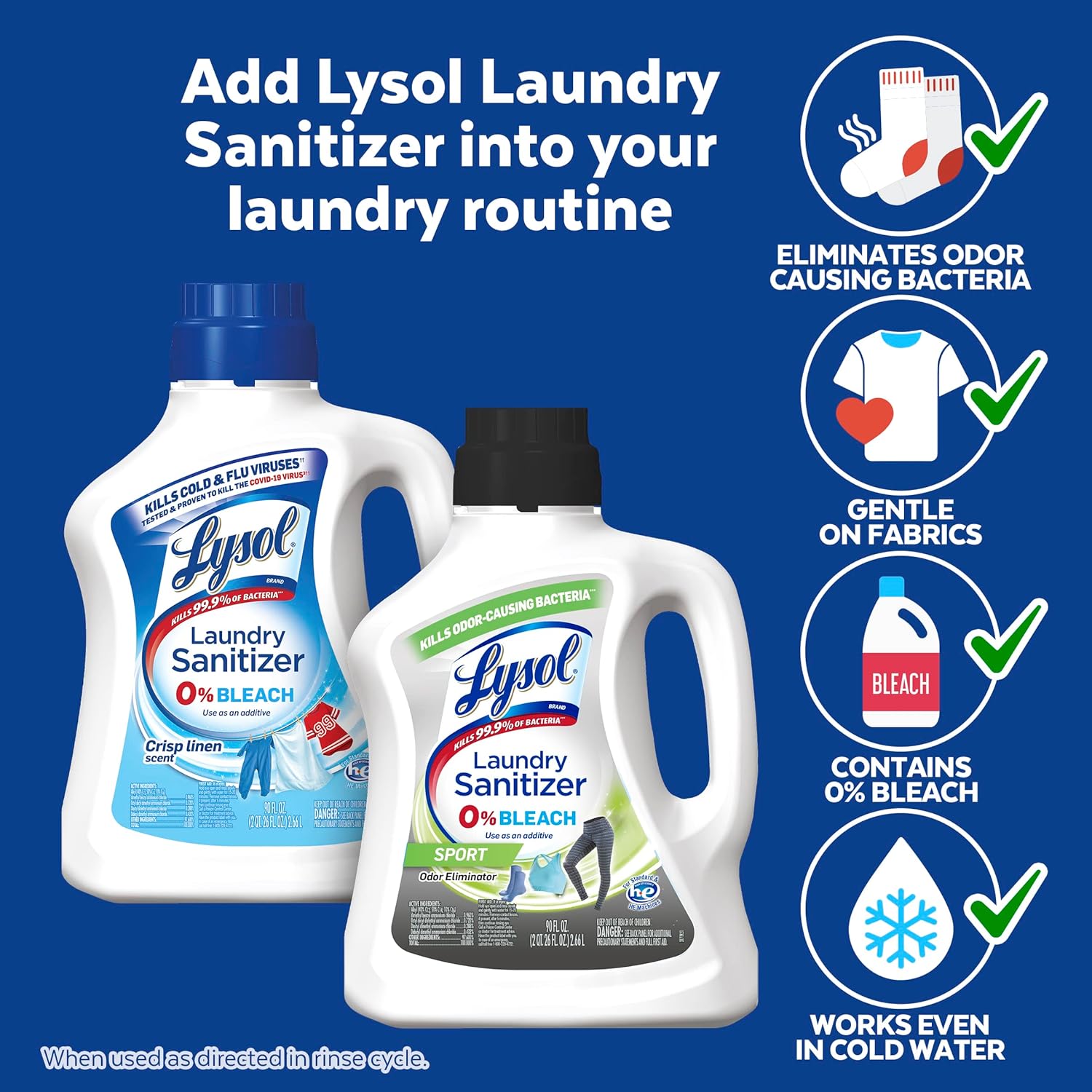 Lysol Sport Laundry Sanitizer Additive, Sanitizing Liquid for Gym Clothes and Activewear, Eliminates Odor Causing Bacteria, 90oz