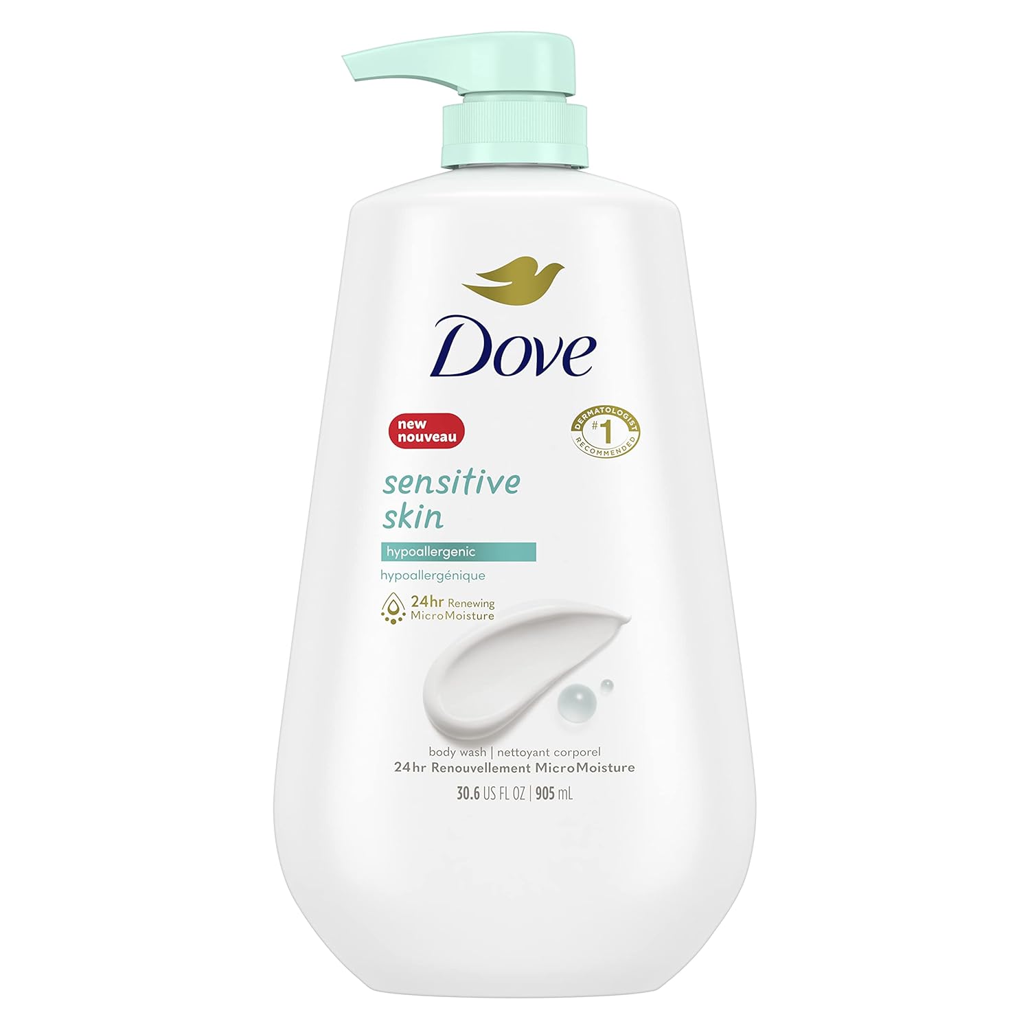 Dove Body Wash 3 Count with Pump Sensitive Skin Hypoallergenic, Paraben-Free, Sulfate-Free, Cruelty-Free, Moisturizing Skin Cleanser Effectively Washes Away Bacteria While Nourishing Skin 30.6 oz