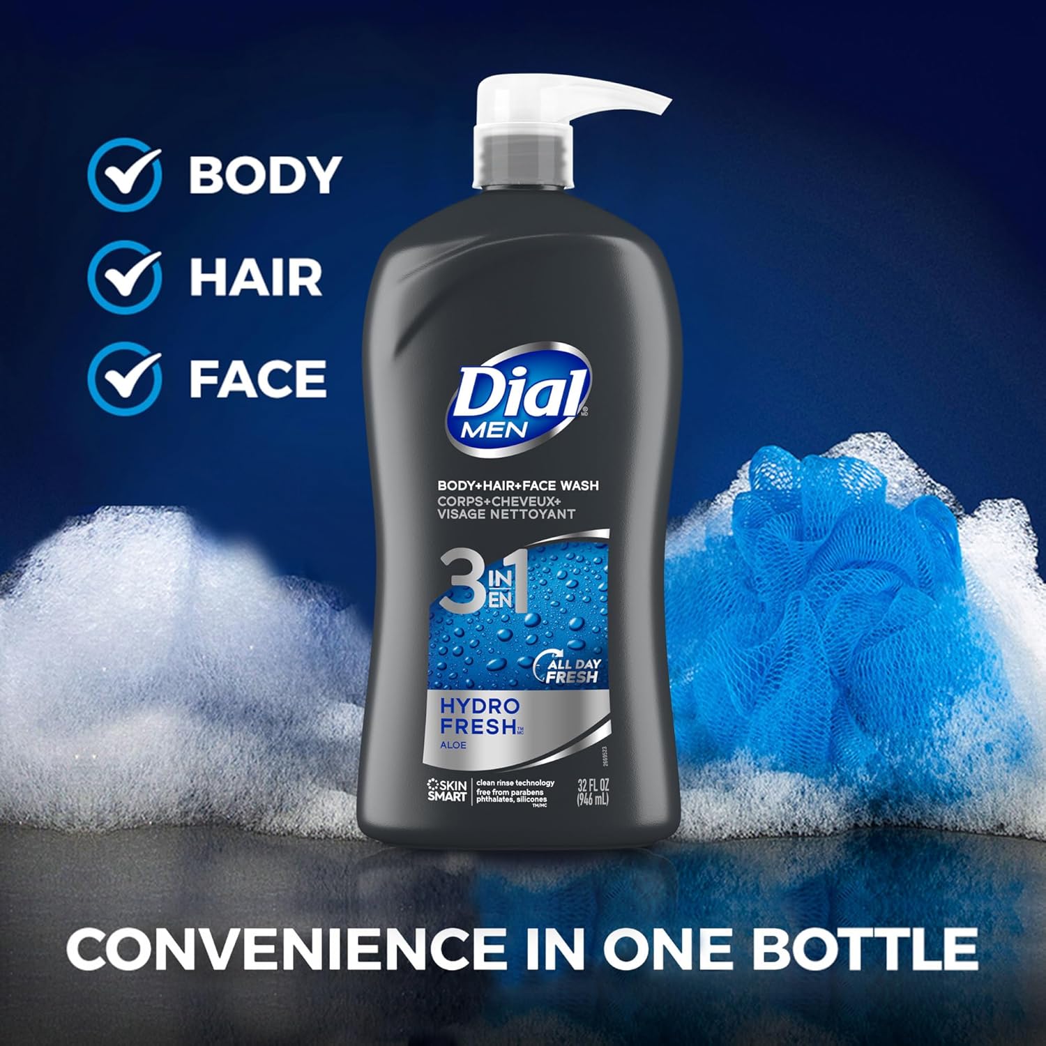Dial Men 3in1 Body, Hair and Face Wash, Ultimate Clean, 32 Fl Oz