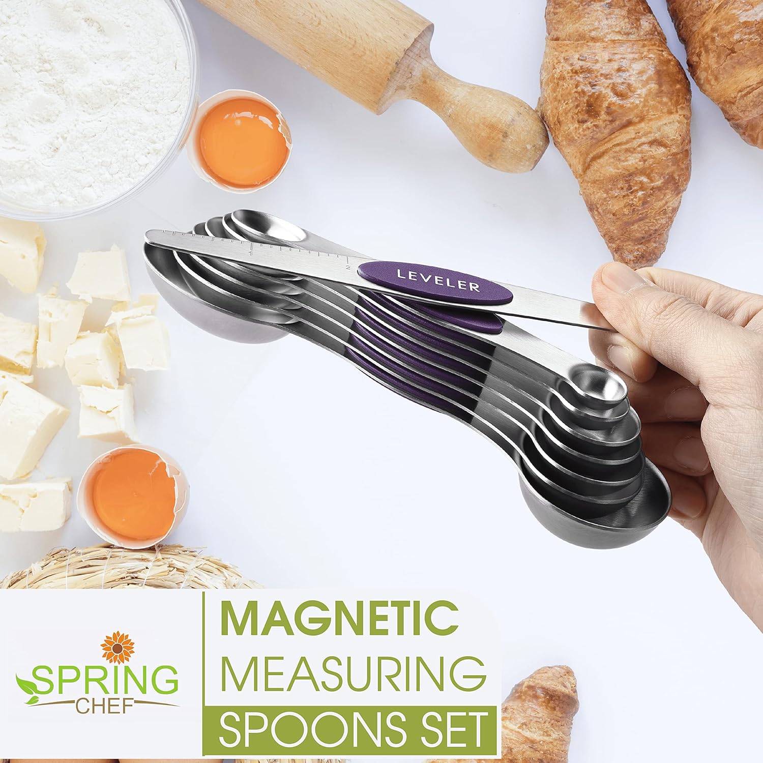 Spring Chef Magnetic Measuring Spoons Set with Strong N45 Magnets, Heavy Duty Stainless Steel Metal, Fits in Most Kitchen Spice Jars for Baking & Cooking, BPA Free, Black, Set of 8 with Leveler