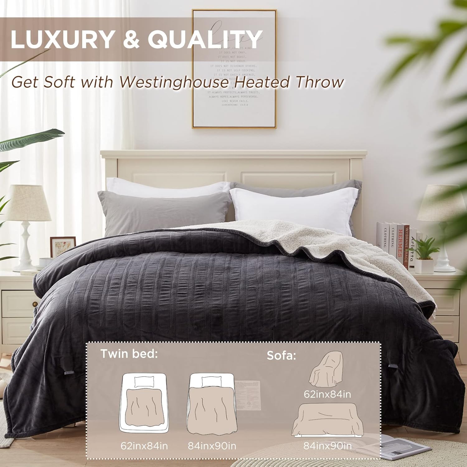 Westinghouse Heated Throw Blanket, Soft Flannel to Sherpa Electric Throw with 6 Heating Levels, 2-10 Hours Time Settings, Fast Heating, Machine Washable 50x60 Inch, Charcoal