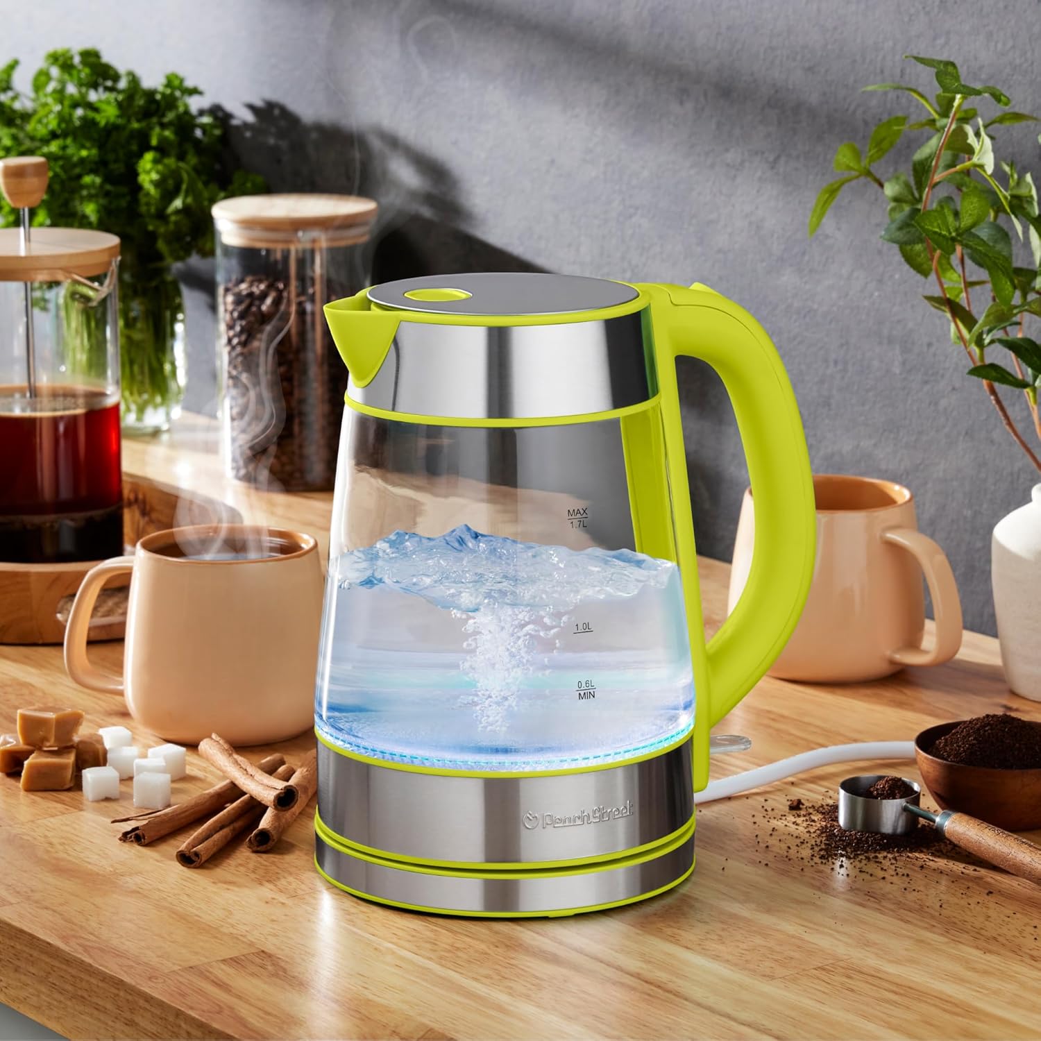 Speed-Boil Electric Kettle For Coffee & Tea - 1.7L Water Boiler 1500W, Borosilicate Glass, Easy Clean Wide Opening, Auto Shut-Off, Cool Touch Handle, LED Light. 360° Rotation, Boil Dry Protection