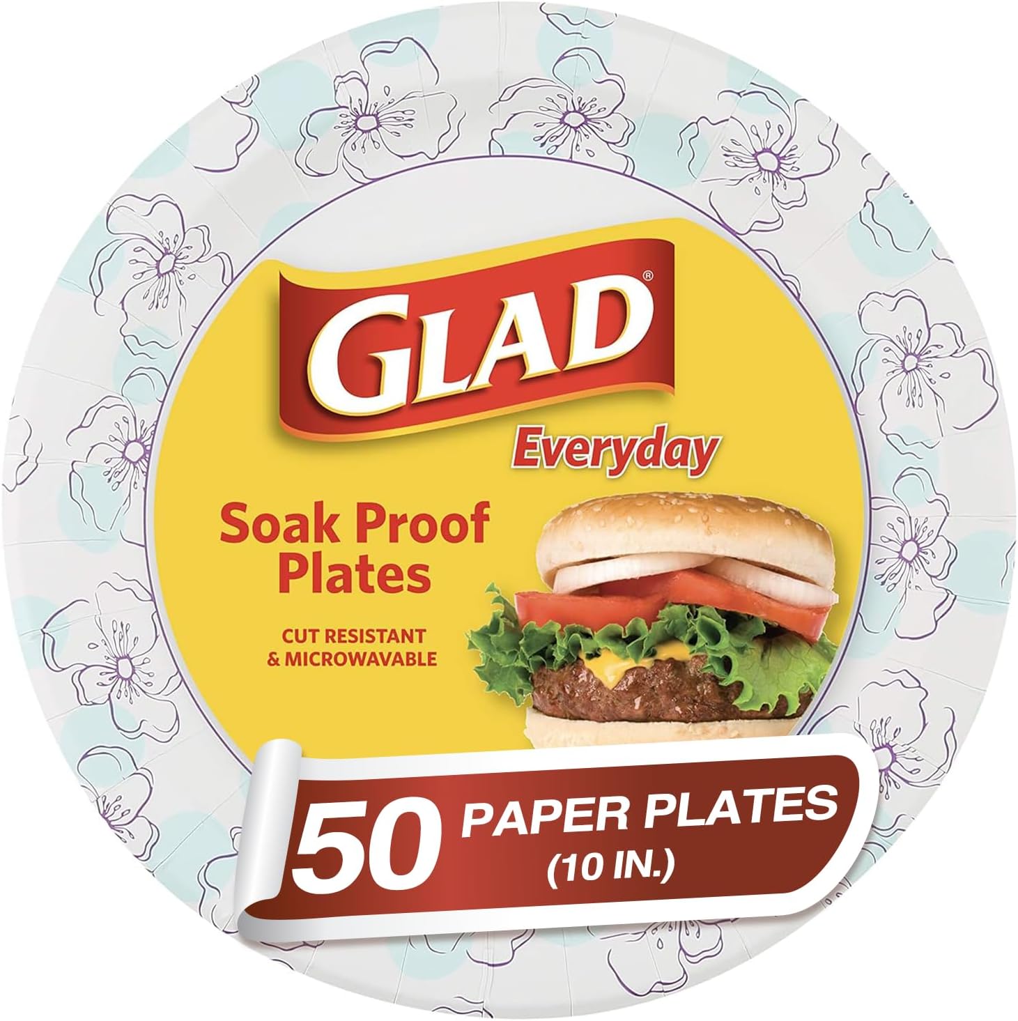 Glad Round Disposable Paper Plates 10 in, Blue Flower|Soak Proof, Cut Proof, Microwave Safe Heavy Duty Paper Plates For Parties|50 Count Bulk Paper Plates 10 Inch