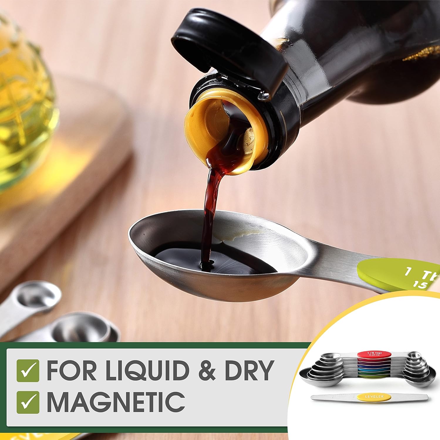 Spring Chef Magnetic Measuring Spoons Set with Strong N45 Magnets, Heavy Duty Stainless Steel Metal, Fits in Most Kitchen Spice Jars for Baking & Cooking, BPA Free, Black, Set of 8 with Leveler