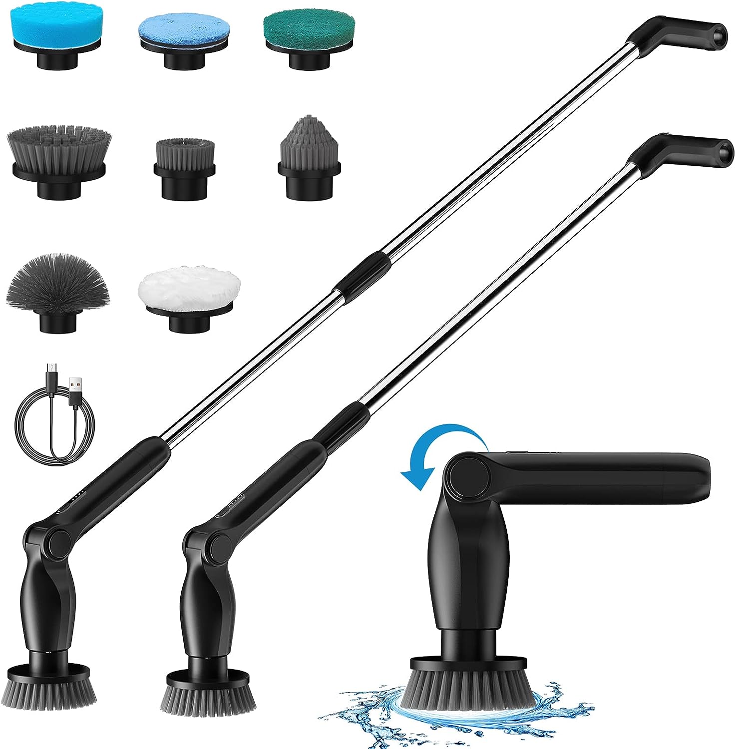 Leebein Electric Spin Scrubber, Cordless Cleaning Brush with 8 Replaceable Brush Heads, Tub and Floor Tile 360 Power Scrubber Dual Speed with Adjustable & Detachable Handle for Bathroom Kitchen Car