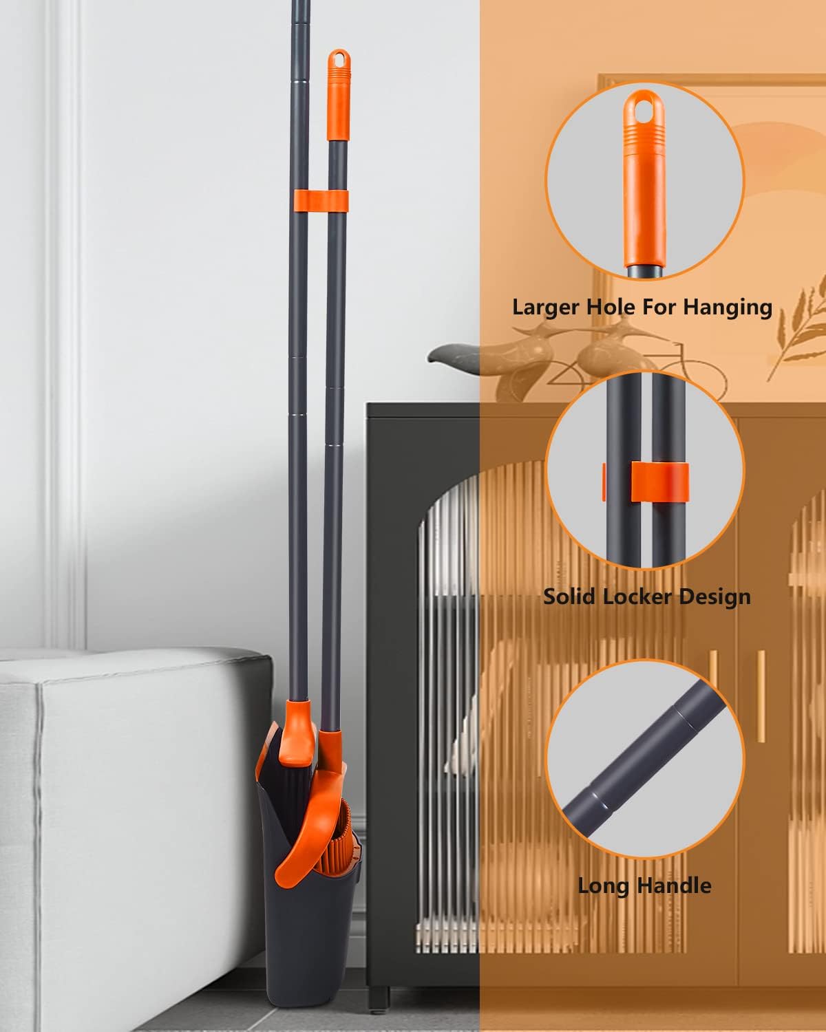 Broom with Dustpan Combo Set, Upgrade Broom and Dustpan Set for Home, 52'' Long Handle Broom and Dustpan Set, Standing Dustpan and Broom for Kitchen Office Lobby Floor