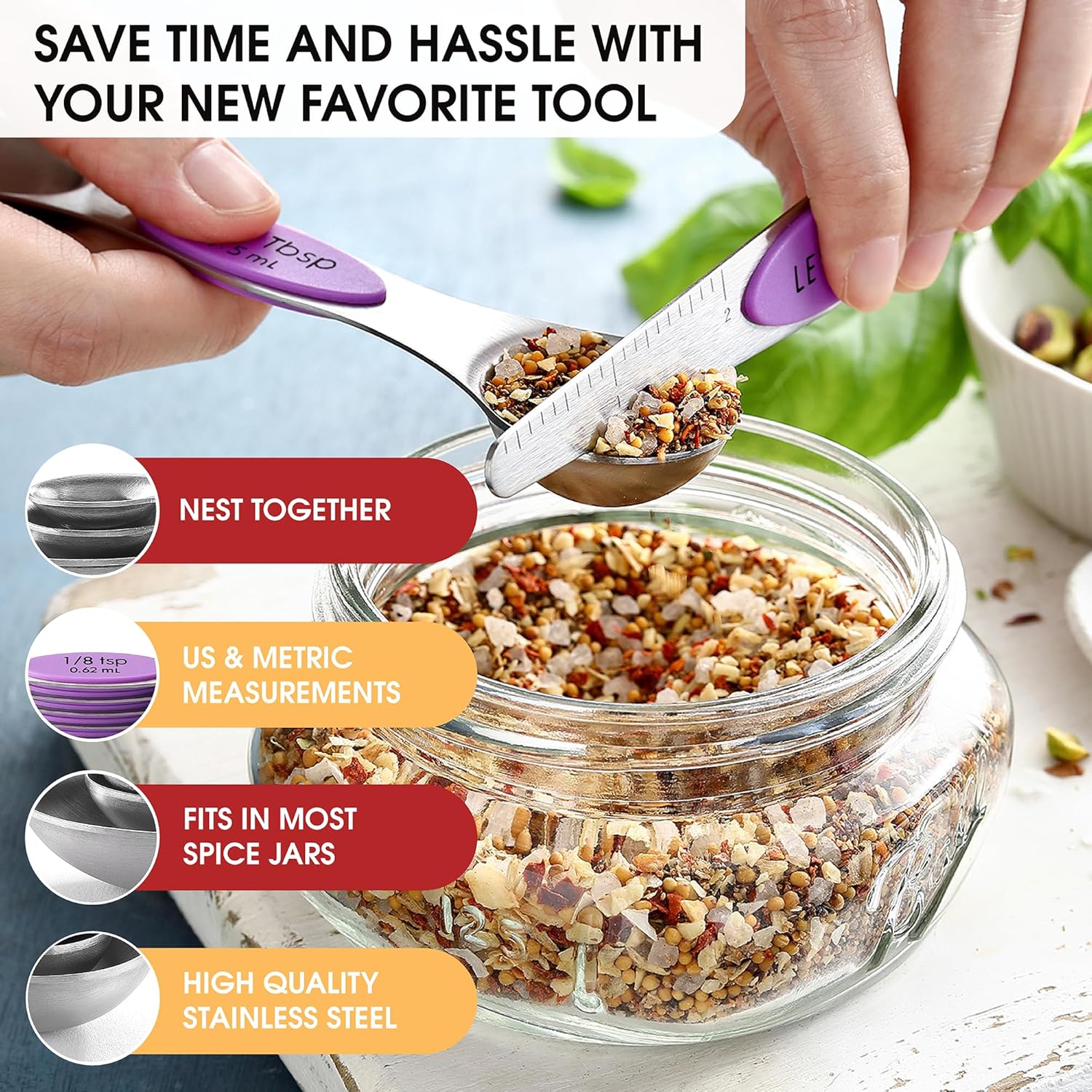 Spring Chef Magnetic Measuring Spoons Set with Strong N45 Magnets, Heavy Duty Stainless Steel Metal, Fits in Most Kitchen Spice Jars for Baking & Cooking, BPA Free, Black, Set of 8 with Leveler