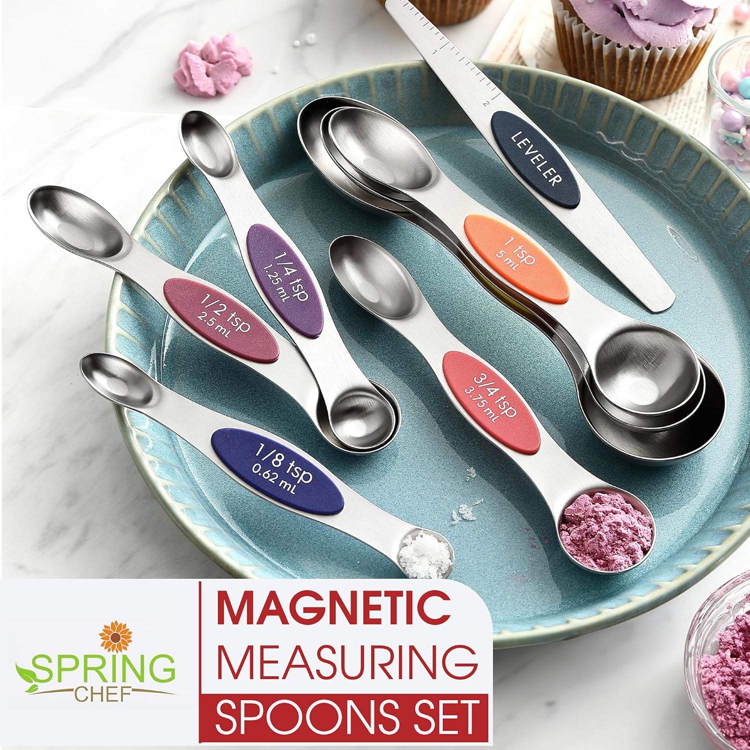 Spring Chef Magnetic Measuring Spoons Set with Strong N45 Magnets, Heavy Duty Stainless Steel Metal, Fits in Most Kitchen Spice Jars for Baking & Cooking, BPA Free, Black, Set of 8 with Leveler
