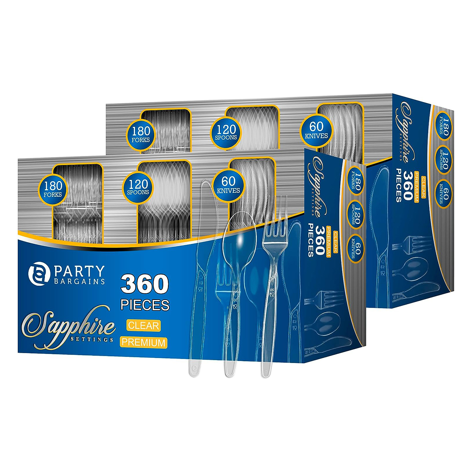 Party Bargains Disposable Cutlery set, SAPPHIRE Design, Clear Color, 360 Pieces: 180 Forks, 120 Spoons, 60 Knives