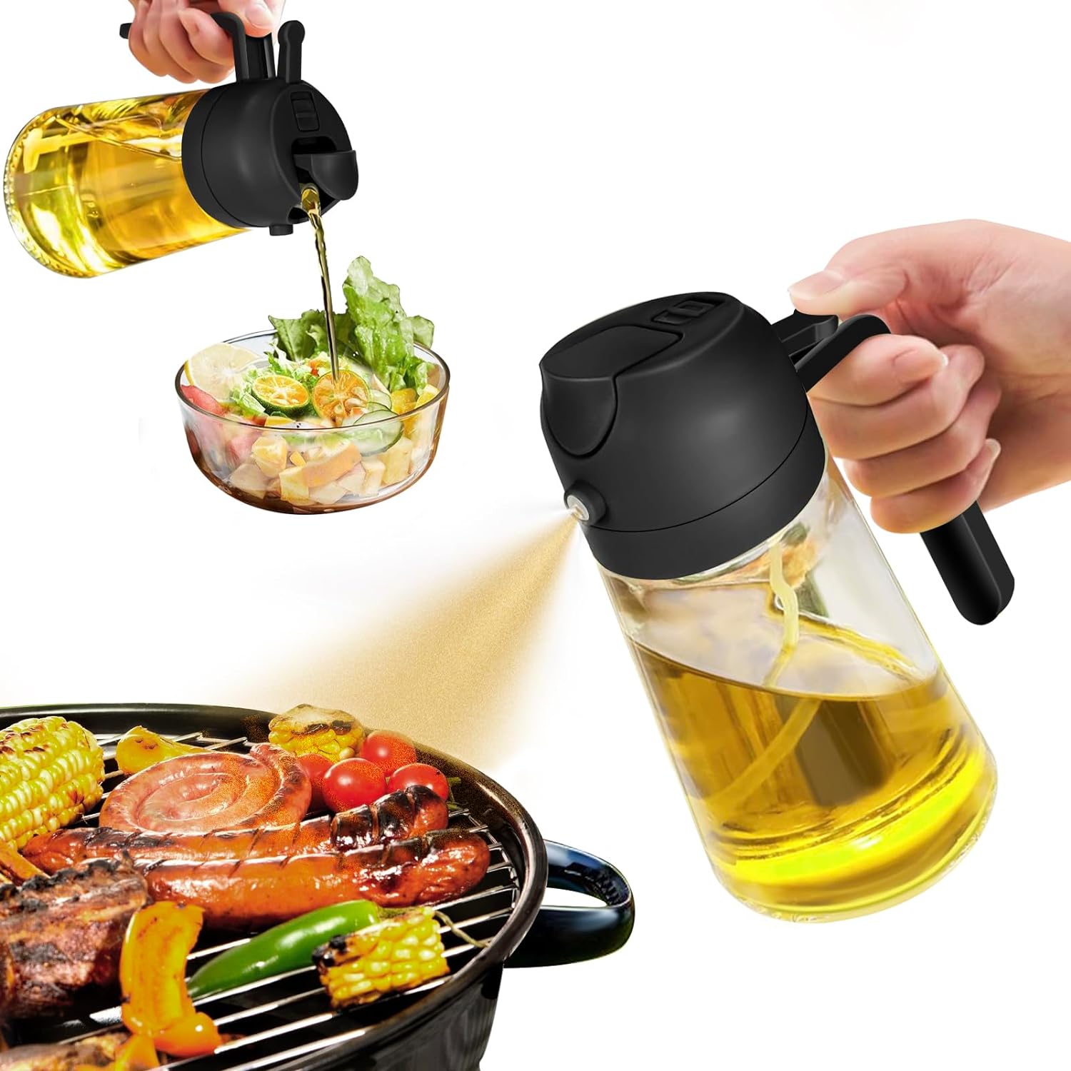 YARRAMATE Oil Sprayer for Cooking, 2 in 1 Olive Oil Dispenser Bottle for Kitchen, 16oz/470ml Premium Glass Oil Bottle, Food-grade Oil Mister for Air Fryer, Salad, Frying, BBQ (Creamy White)