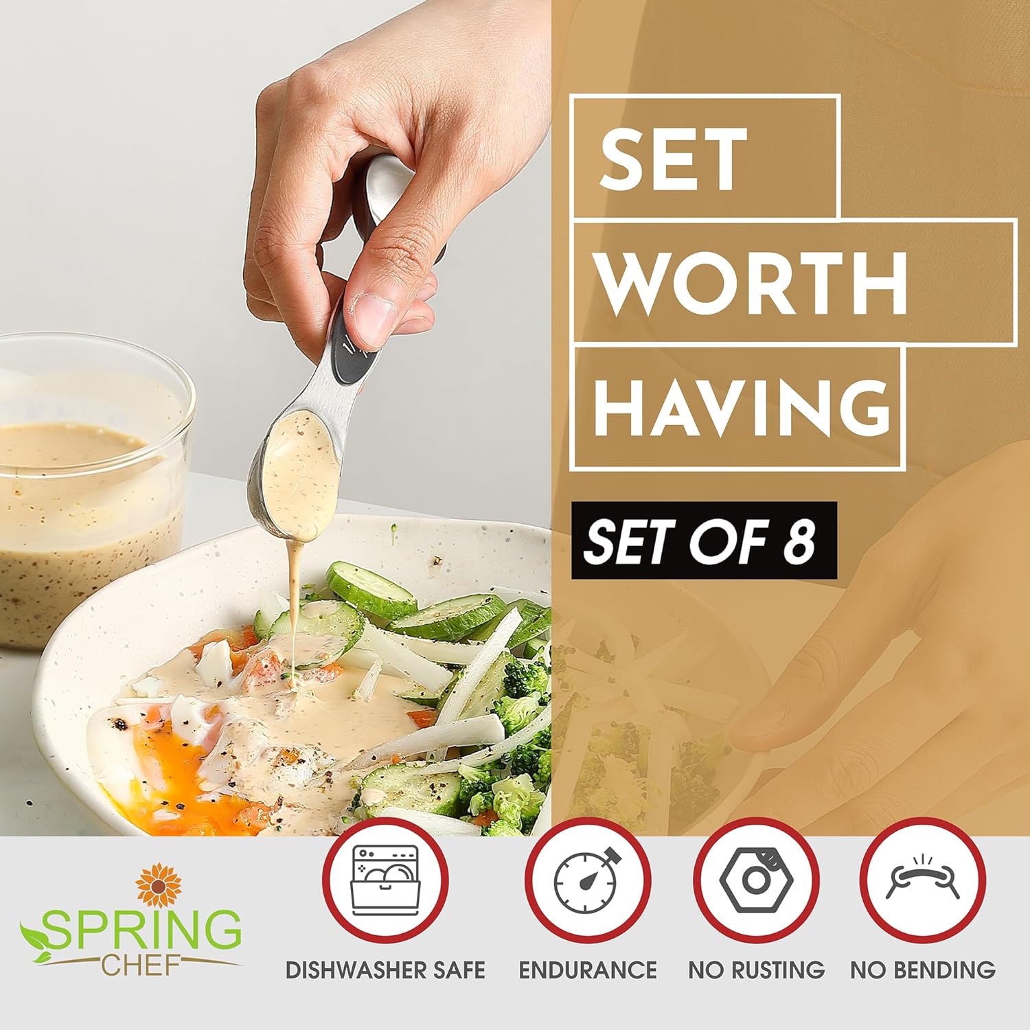 Spring Chef Magnetic Measuring Spoons Set with Strong N45 Magnets, Heavy Duty Stainless Steel Metal, Fits in Most Kitchen Spice Jars for Baking & Cooking, BPA Free, Black, Set of 8 with Leveler