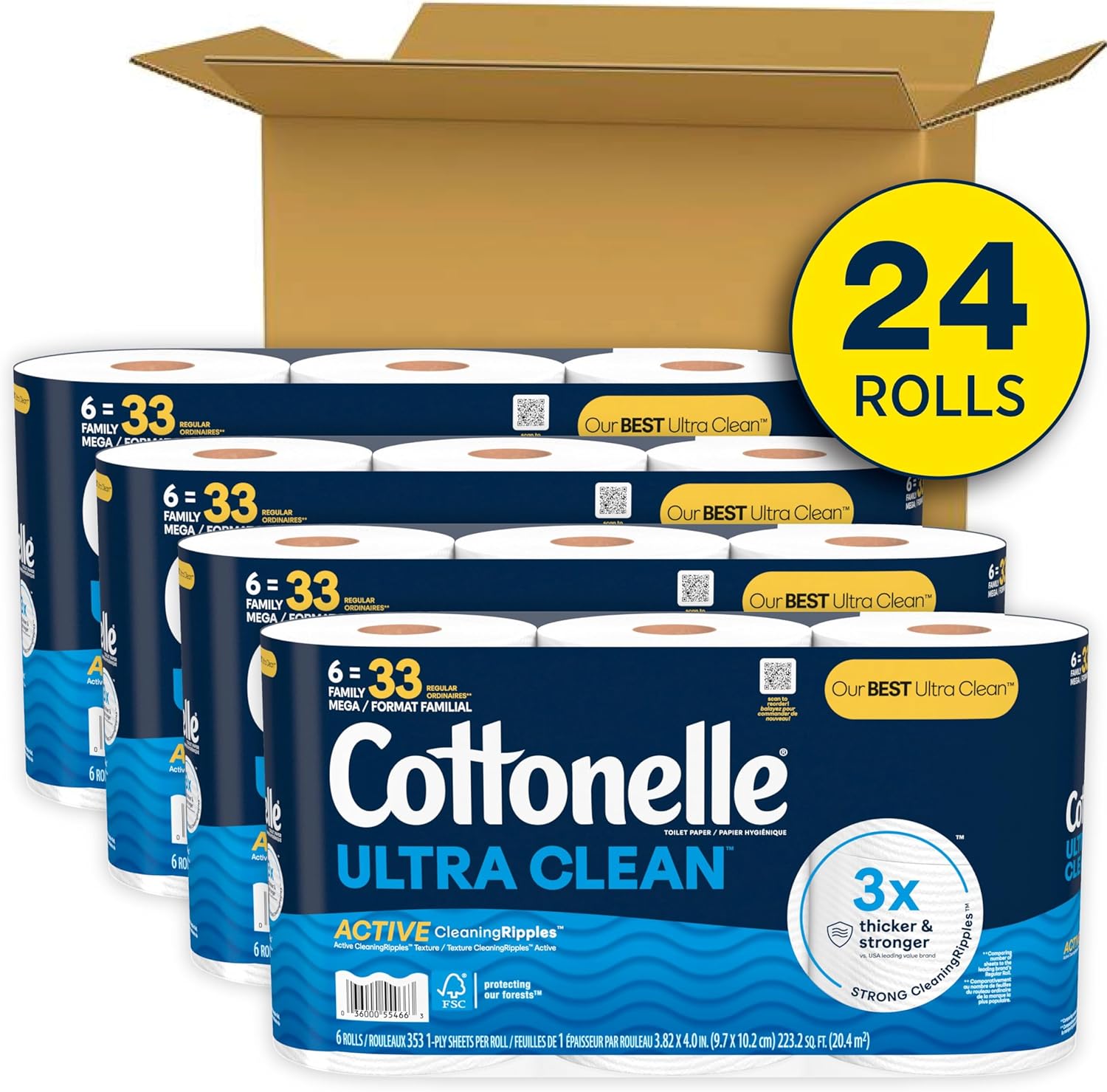 Cottonelle Ultra Clean Toilet Paper with Active CleaningRipples Texture, 24 Family Mega Rolls (24 Family Mega Rolls = 132 Regular Rolls) (4 Packs of 6), 353 Sheets Per Roll, Packaging May Vary