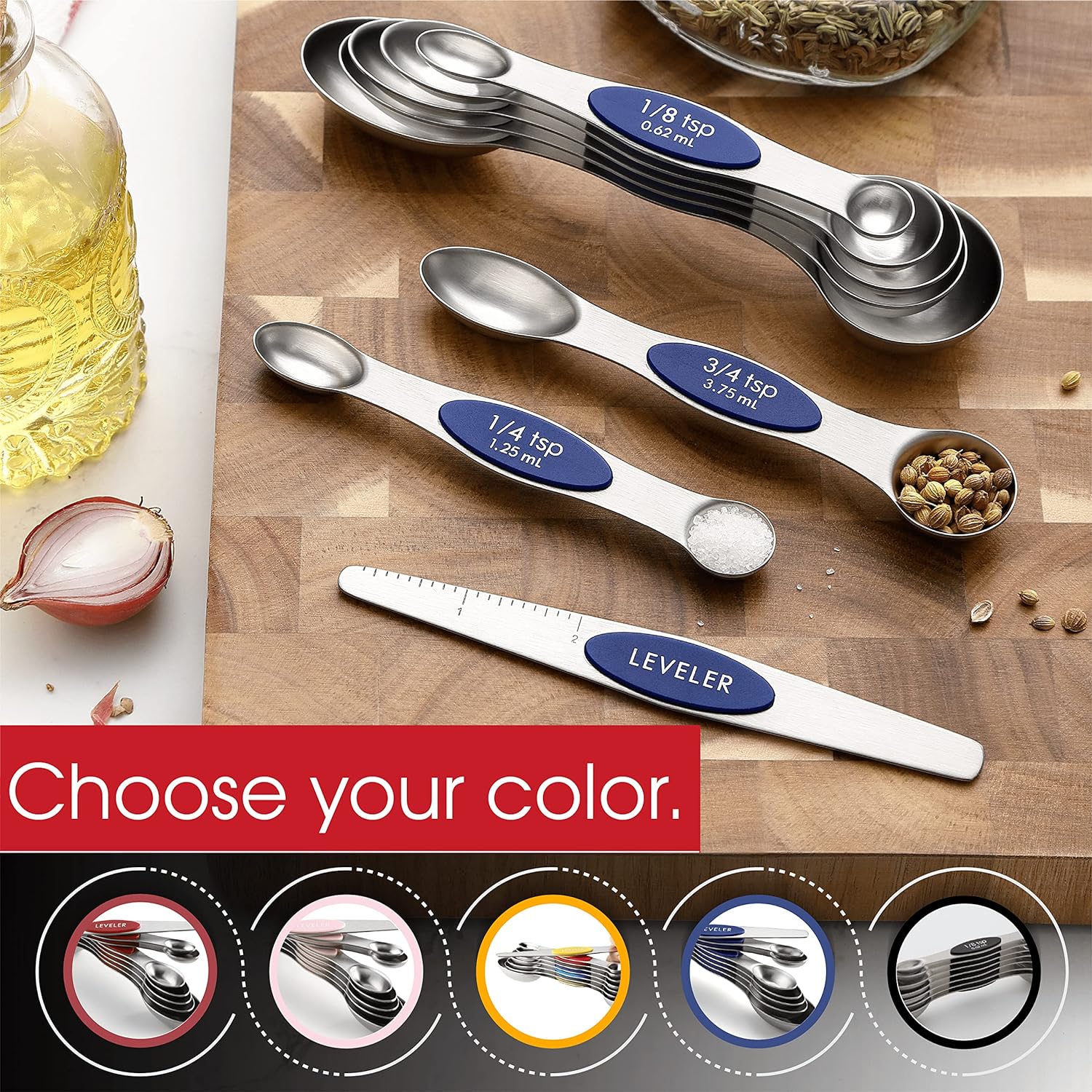 Spring Chef Magnetic Measuring Spoons Set with Strong N45 Magnets, Heavy Duty Stainless Steel Metal, Fits in Most Kitchen Spice Jars for Baking & Cooking, BPA Free, Black, Set of 8 with Leveler