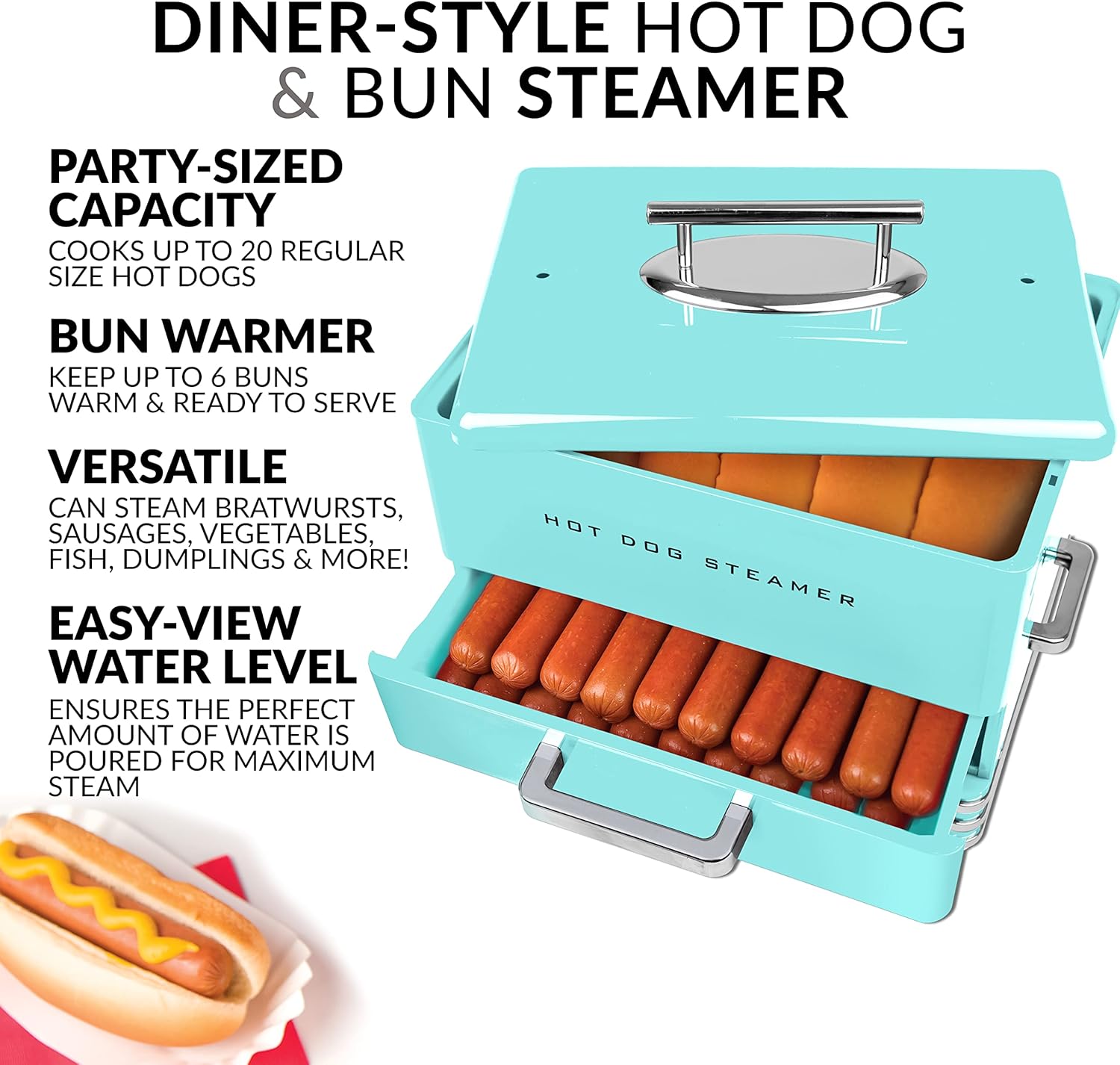 Nostalgia Extra Large Diner-Style Coca-Cola Hot Dog Steamer and Bun Warmer, 24 Hot Dog and 12 Bun Capacity, Steam Bratwursts, Sausages, Vegetables, Fish, Dumplings, Red