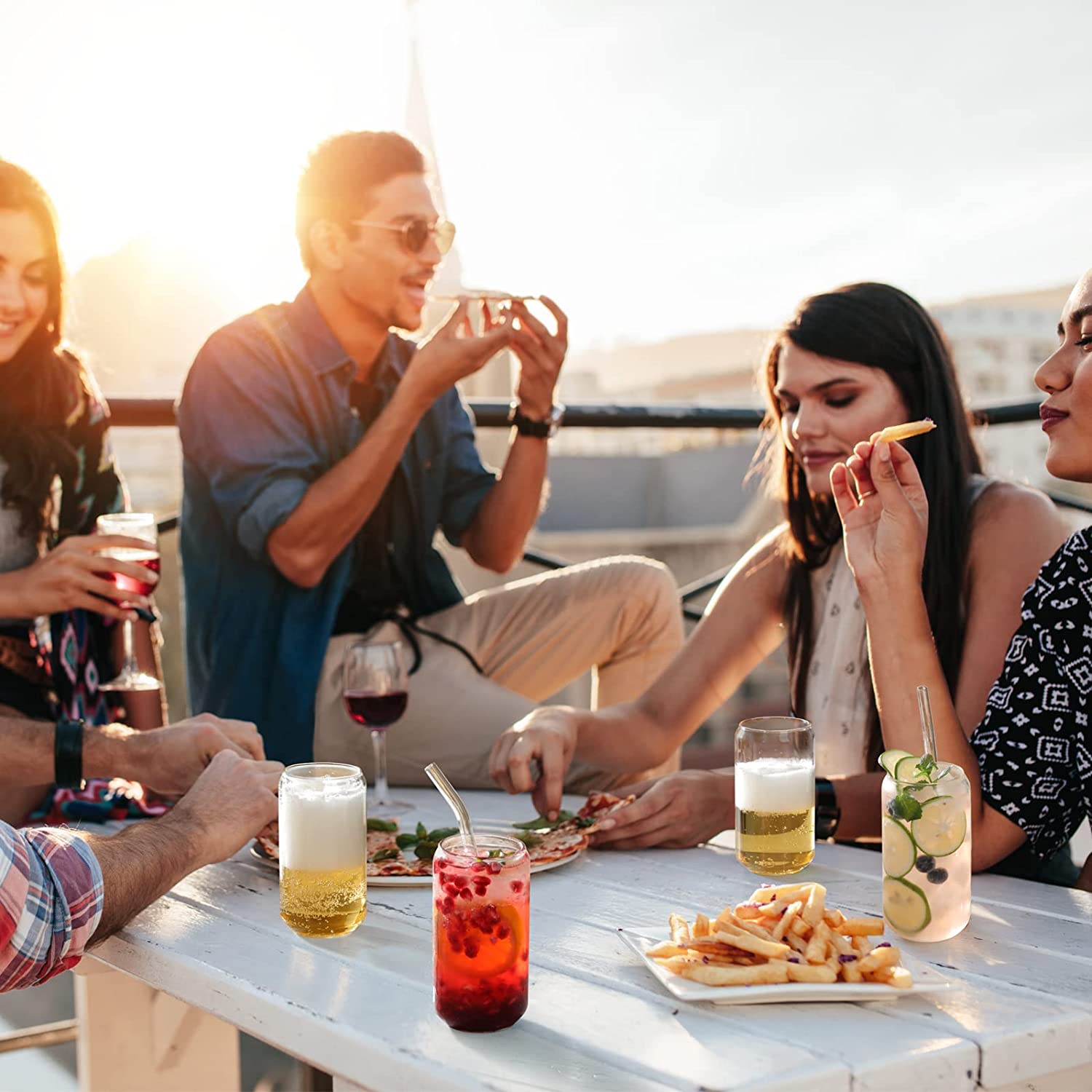 Drinking Glasses with Glass Straw 4pcs Set - 16oz Can Shaped Glass Cups, Beer Glasses, Iced Coffee Glasses, Cute Tumbler Cup, Ideal for Whiskey, Soda, Tea, Water, Gift - 2 Cleaning Brushes
