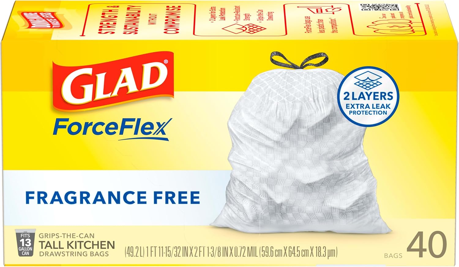 Glad Tall Kitchen Drawstring Trash Bags - Odorshield 13 Gallon White Trash Bag, Febreze Fresh Clean, 110 Count