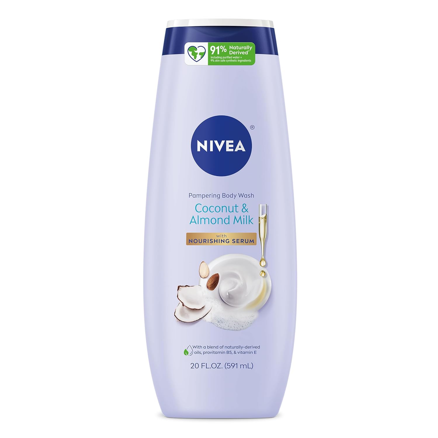 NIVEA Coconut and Almond Milk Pampering Body Wash, Moisturizing Body Wash with Nourishing Serum, Plant-Derived Oils, Essential Skin Lipids and Vitamins, 20 Fl Oz Bottle