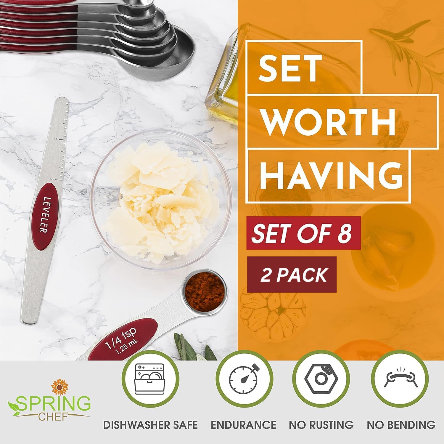 Spring Chef Magnetic Measuring Spoons Set with Strong N45 Magnets, Heavy Duty Stainless Steel Metal, Fits in Most Kitchen Spice Jars for Baking & Cooking, BPA Free, Black, Set of 8 with Leveler