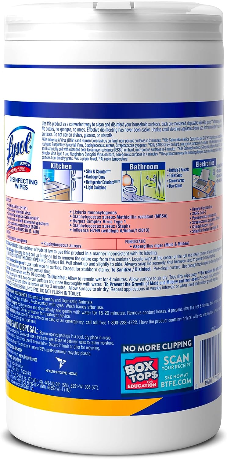 Lysol Disinfectant Wipes, Multi-Surface Antibacterial Cleaning Wipes, For Disinfecting and Cleaning, Lemon and Lime Blossom, 80 Count (Pack of 4)