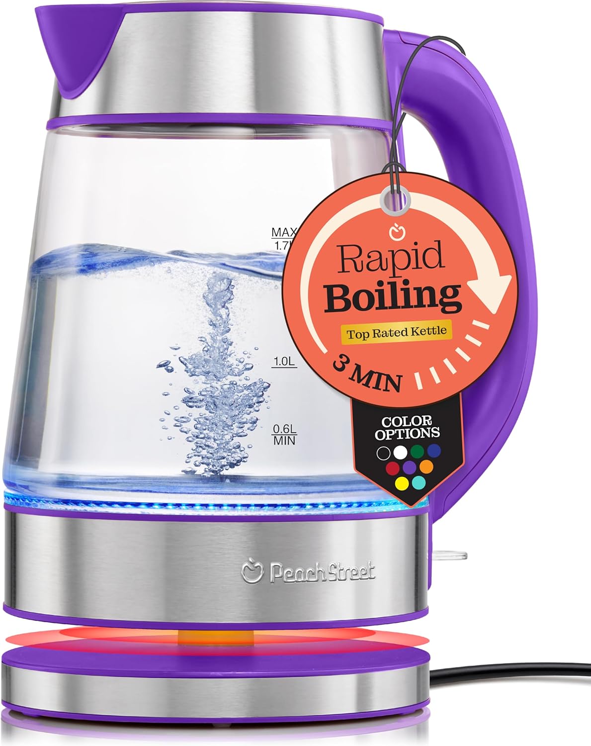 Speed-Boil Electric Kettle For Coffee & Tea - 1.7L Water Boiler 1500W, Borosilicate Glass, Easy Clean Wide Opening, Auto Shut-Off, Cool Touch Handle, LED Light. 360° Rotation, Boil Dry Protection