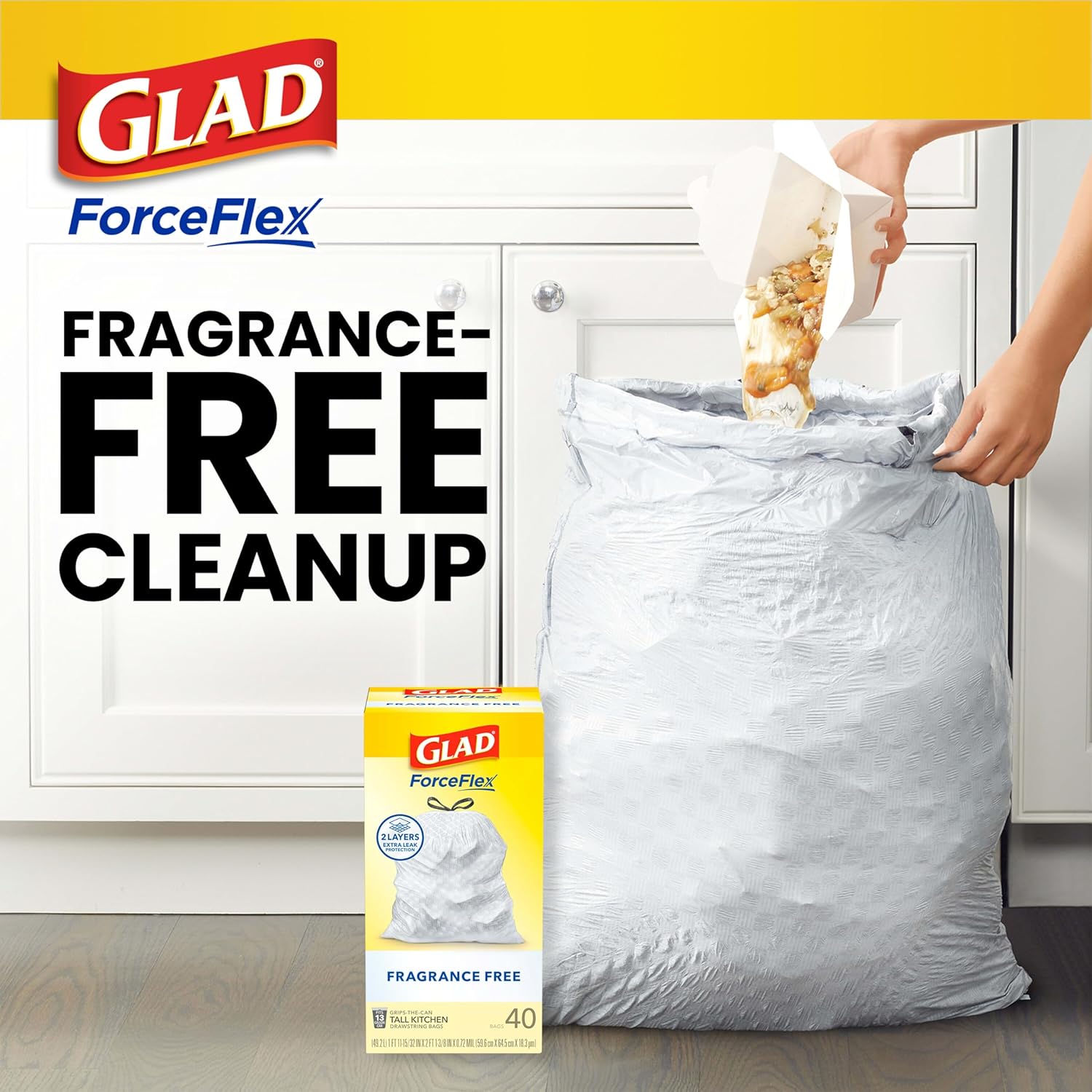 Glad Tall Kitchen Drawstring Trash Bags - Odorshield 13 Gallon White Trash Bag, Febreze Fresh Clean, 110 Count