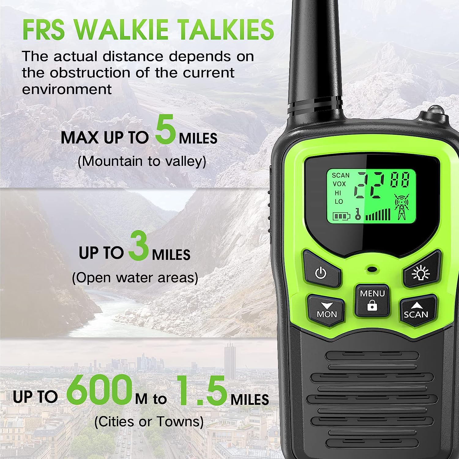 Walkie Talkies, MOICO Long Range Walkie Talkies for Adults with 22 FRS Channels, Family Walkie Talkie with LED Flashlight VOX LCD Display for Hiking Camping Trip (Orange 2 Pack)