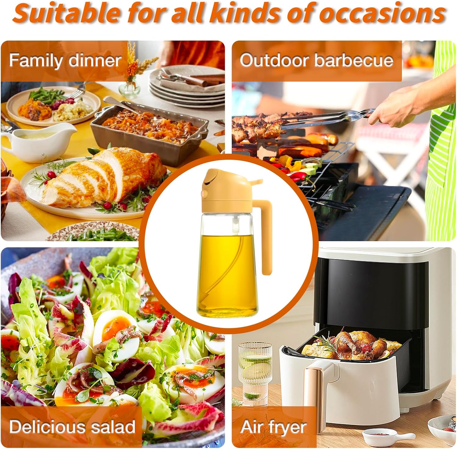 YARRAMATE Oil Sprayer for Cooking, 2 in 1 Olive Oil Dispenser Bottle for Kitchen, 16oz/470ml Premium Glass Oil Bottle, Food-grade Oil Mister for Air Fryer, Salad, Frying, BBQ (Creamy White)