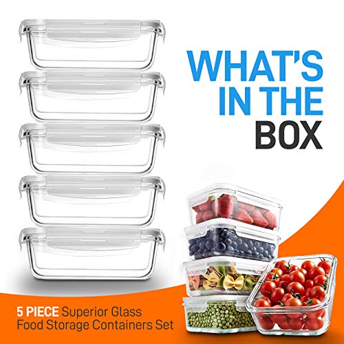Superior Glass Food Storage Containers - 10 Piece Stackable Glass -Newly, BPA-Free 100% Leakproof Locking Lids w/ Air Hole - Freezer-to-Oven-Safe -NutriChef NCCLX5