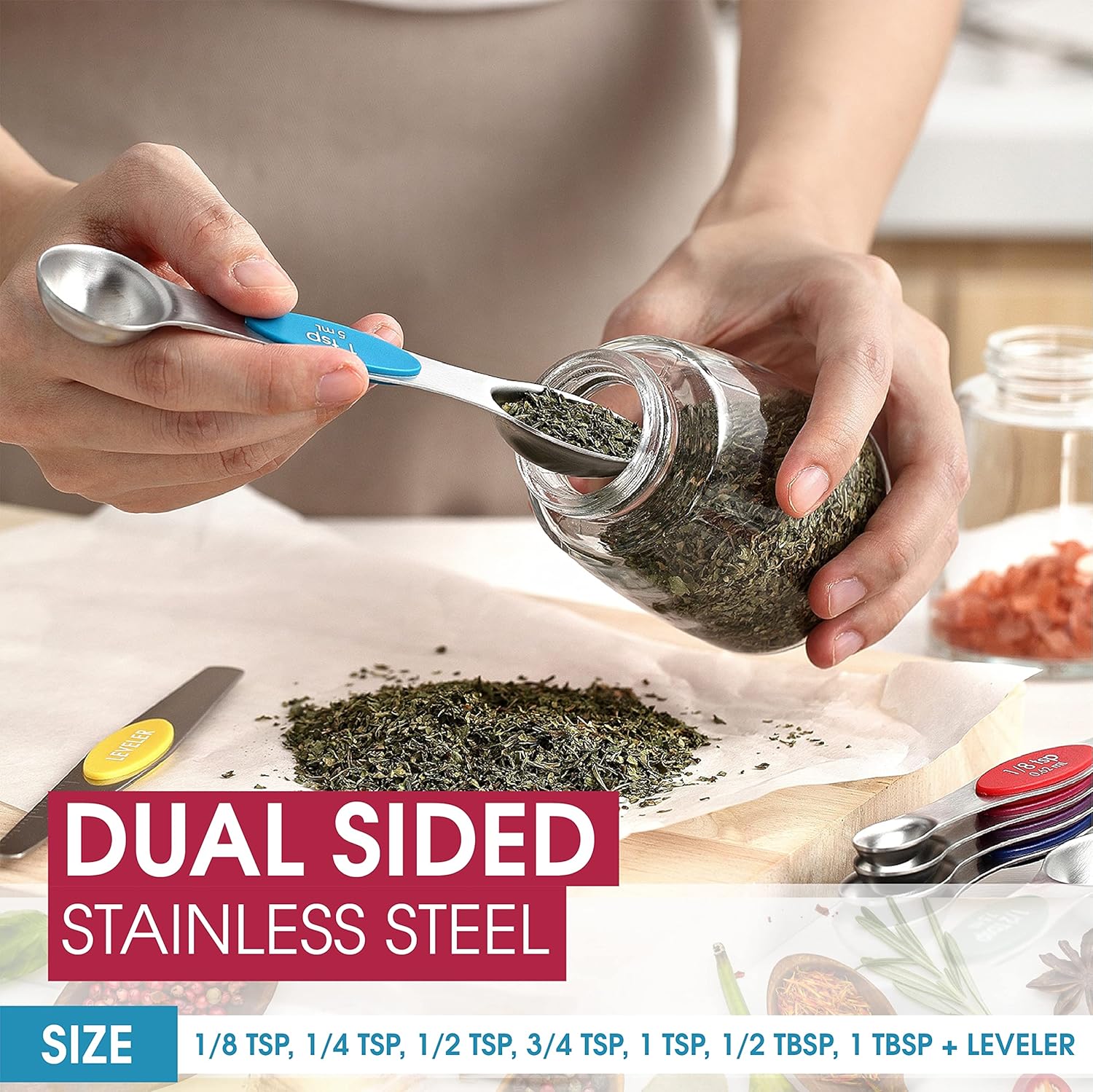 Spring Chef Magnetic Measuring Spoons Set with Strong N45 Magnets, Heavy Duty Stainless Steel Metal, Fits in Most Kitchen Spice Jars for Baking & Cooking, BPA Free, Black, Set of 8 with Leveler