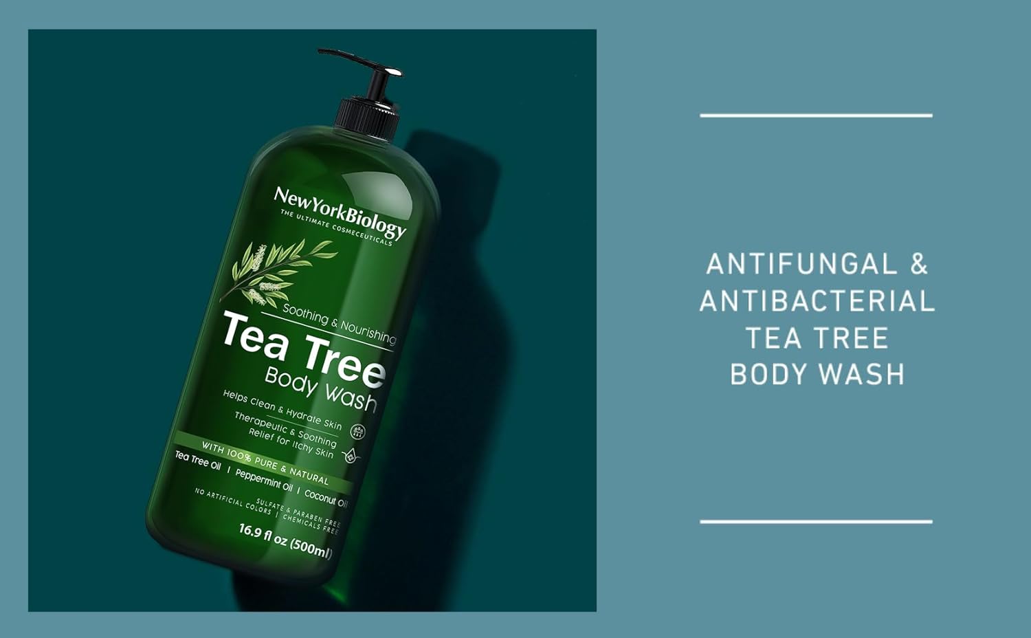 New York Biology Tea Tree Body Wash for Men and Women - Moisturizing Body Wash Helps Soothe Itchy Skin, Jock Itch, Athletes Foot, Nail Fungus, Eczema, Body Odor and Ringworm - 16.9 Fl Oz