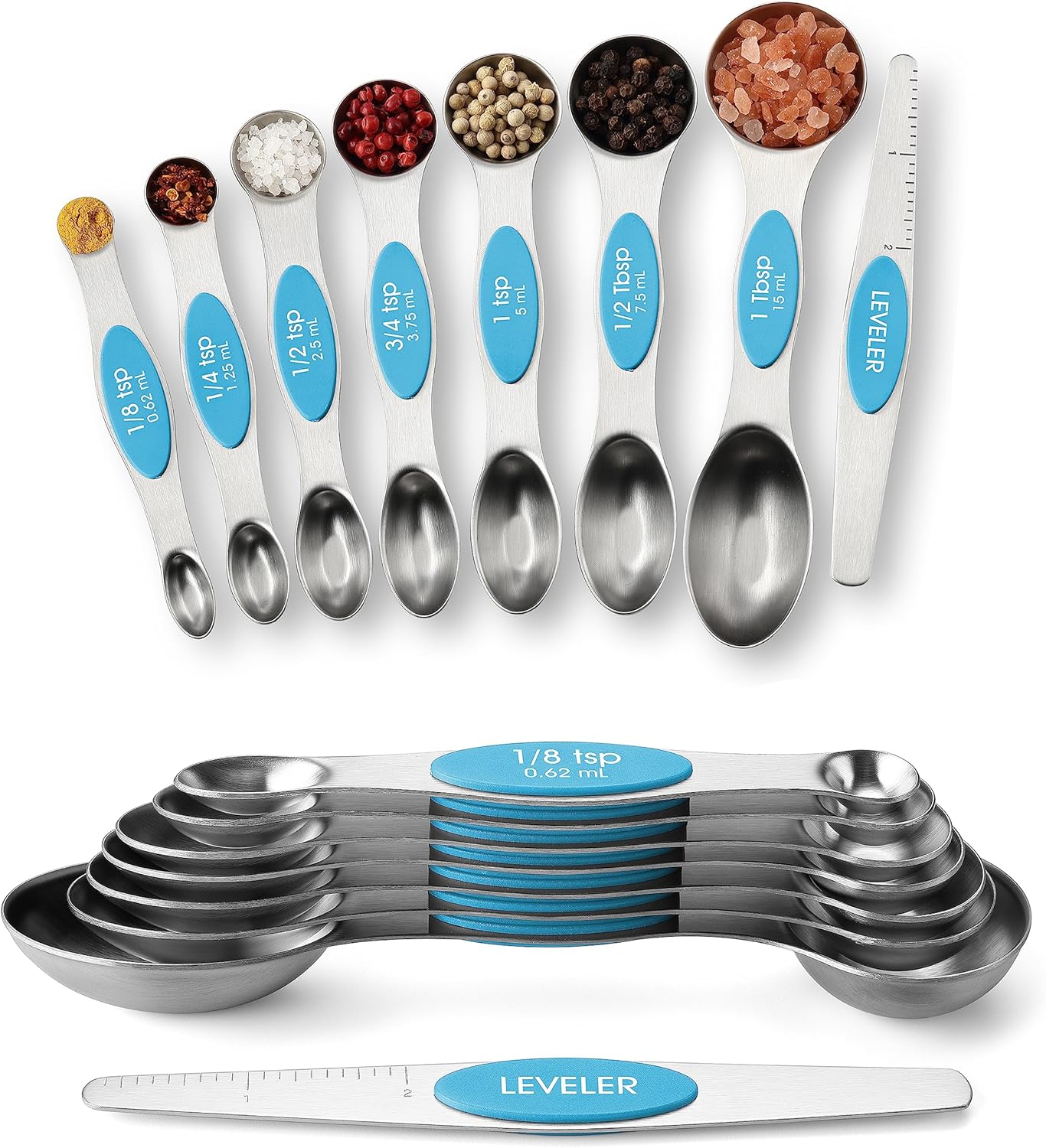 Spring Chef Magnetic Measuring Spoons Set with Strong N45 Magnets, Heavy Duty Stainless Steel Metal, Fits in Most Kitchen Spice Jars for Baking & Cooking, BPA Free, Black, Set of 8 with Leveler