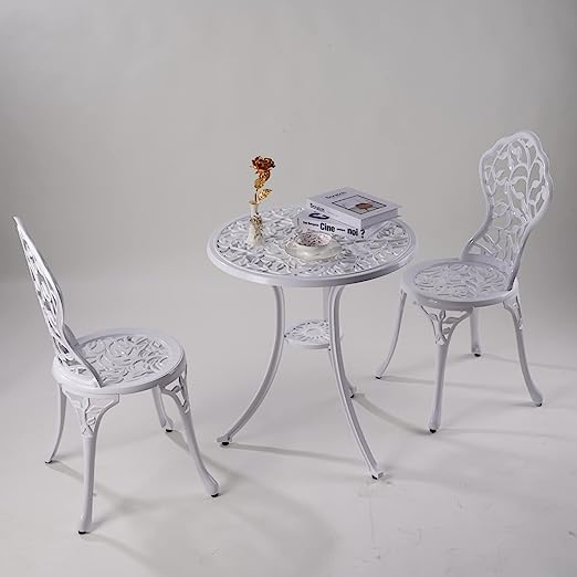 Sets 3 Piece cast Aluminum Patio Furniture Outdoor Garden Metal Rust Proof Tables and Chairs White bisrto Set (Leaf-White)