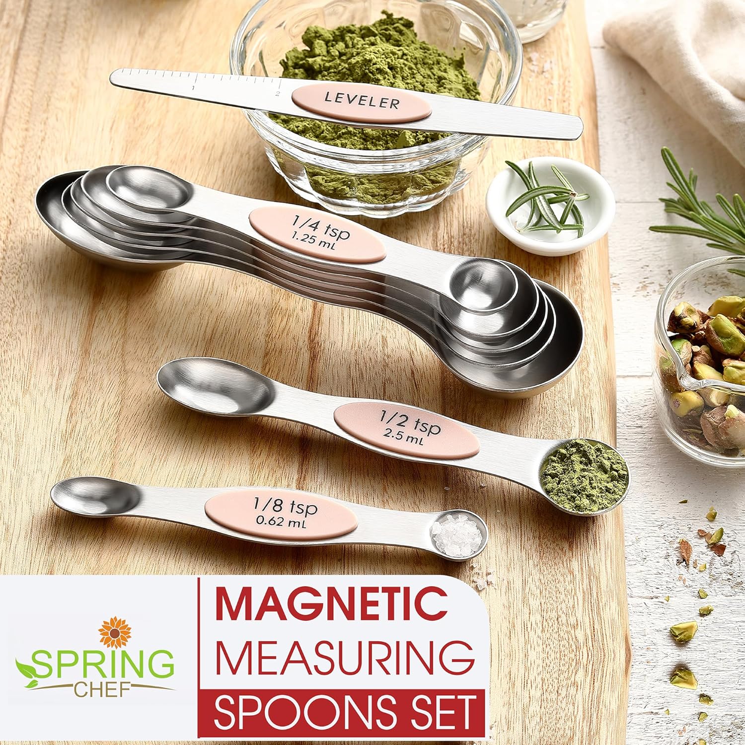Spring Chef Magnetic Measuring Spoons Set with Strong N45 Magnets, Heavy Duty Stainless Steel Metal, Fits in Most Kitchen Spice Jars for Baking & Cooking, BPA Free, Black, Set of 8 with Leveler