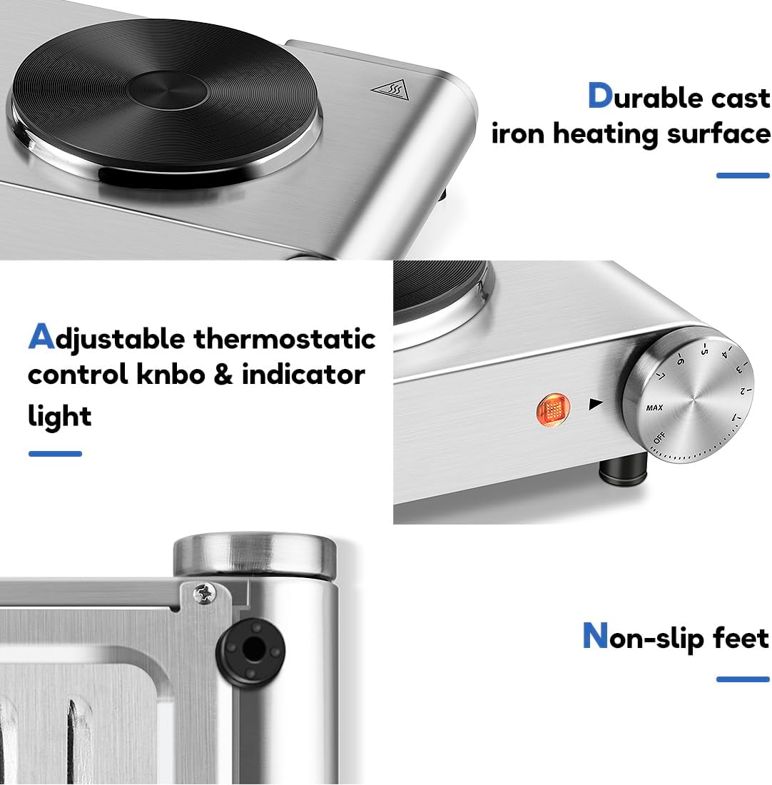 CUSIMAX Electric Hot Plate for Cooking Portable Single Burner 1500W Cast Iron hot plates Heat-up in Seconds Adjustable Temperature Control Stainless Steel Non-Slip Rubber Feet Upgraded Version B101