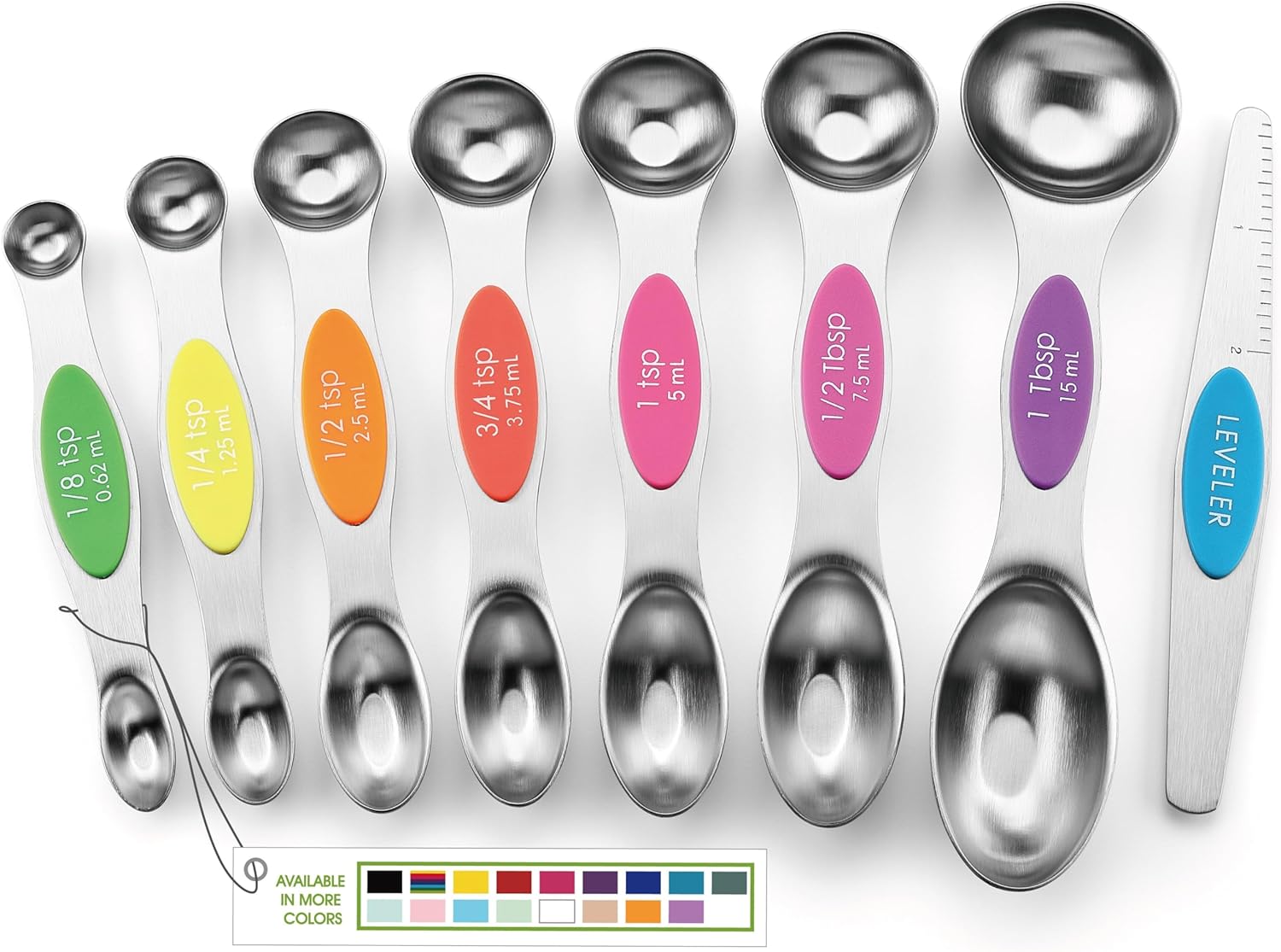 Spring Chef Magnetic Measuring Spoons Set with Strong N45 Magnets, Heavy Duty Stainless Steel Metal, Fits in Most Kitchen Spice Jars for Baking & Cooking, BPA Free, Black, Set of 8 with Leveler
