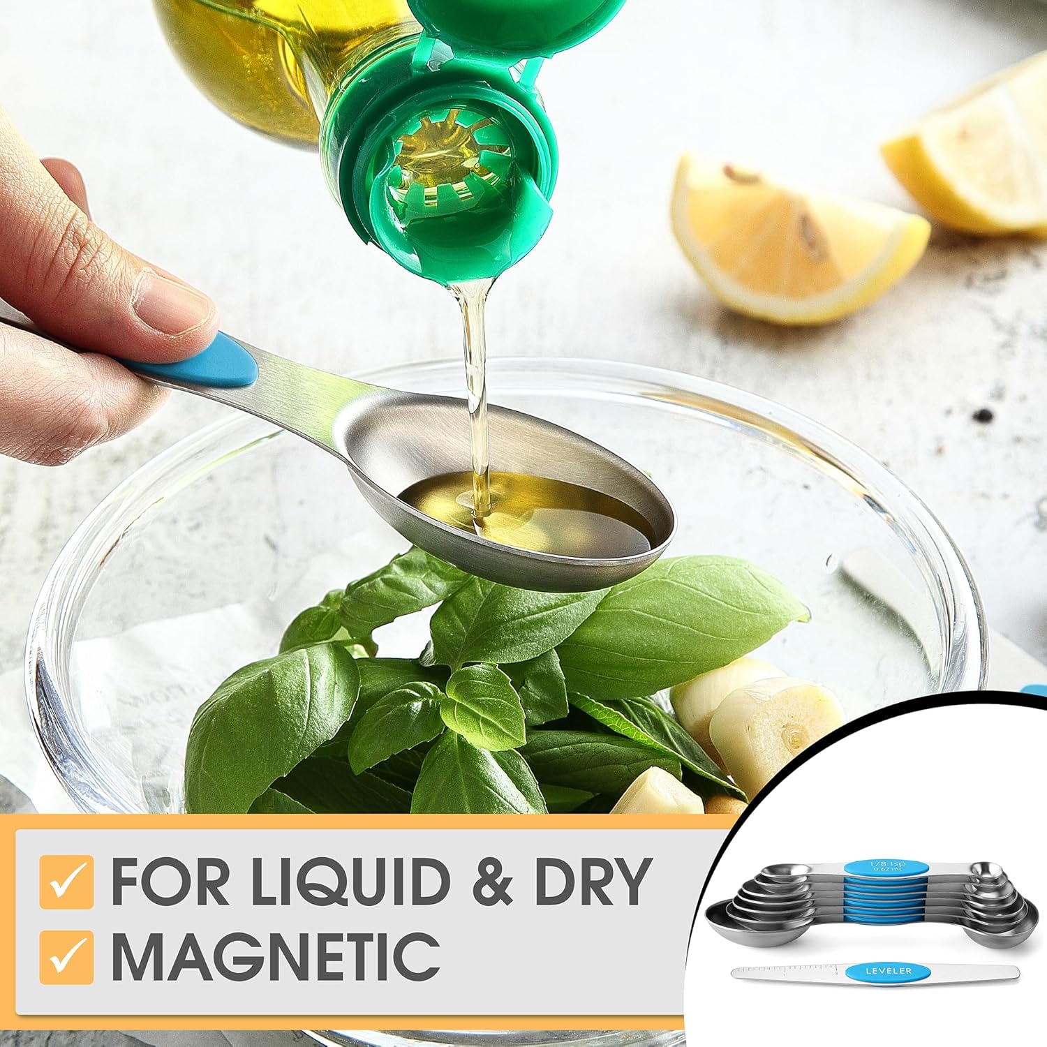 Spring Chef Magnetic Measuring Spoons Set with Strong N45 Magnets, Heavy Duty Stainless Steel Metal, Fits in Most Kitchen Spice Jars for Baking & Cooking, BPA Free, Black, Set of 8 with Leveler