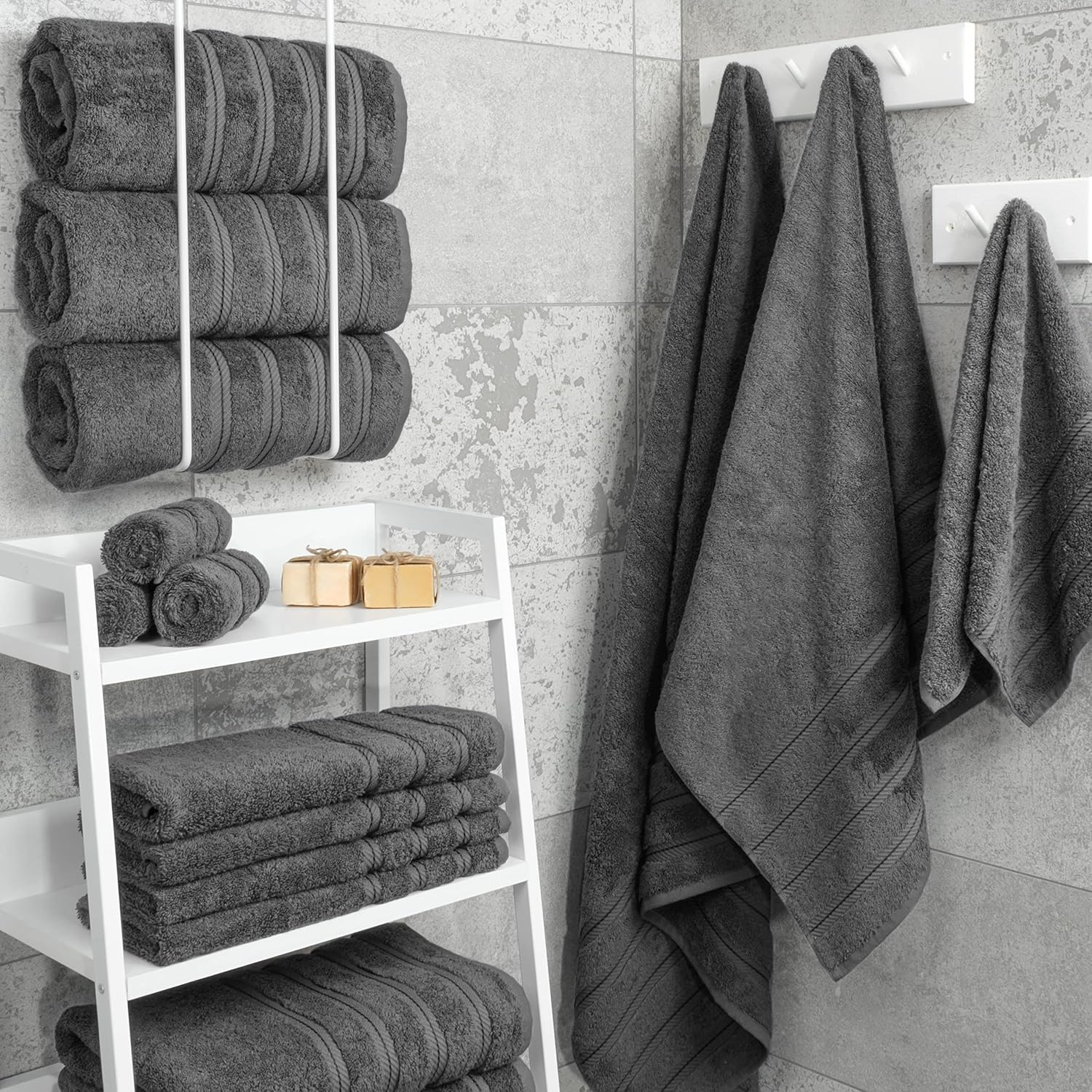 American Soft Linen Luxury 6 Piece Towel Set, 2 Bath Towels 2 Hand Towels 2 Washcloths, 100% Cotton Turkish Towels for Bathroom, Light Grey Towel Sets