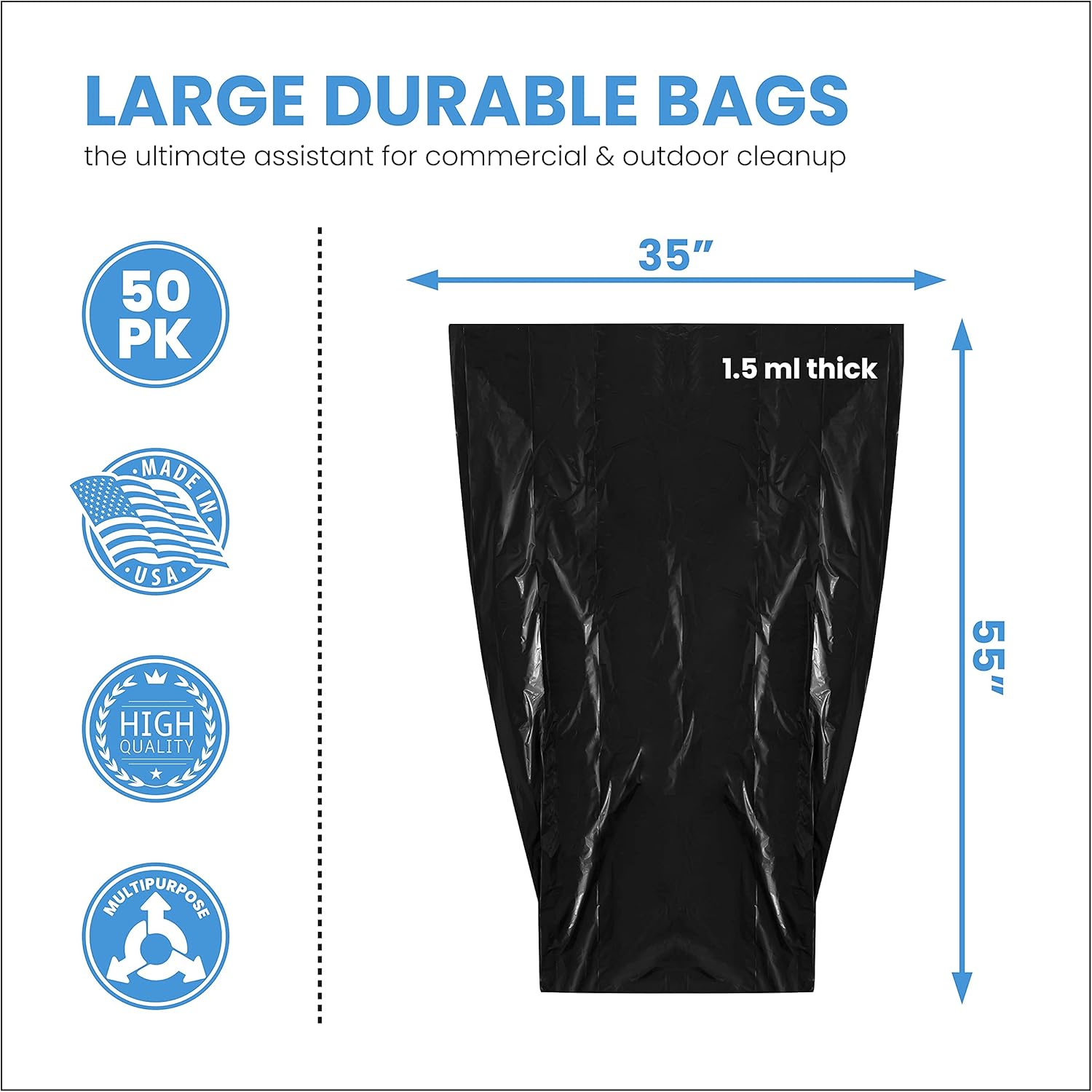 ToughBag 55 Gallon Trash Bags, 55-60 Gallon Trash Bags Heavy Duty (50 COUNT) - Large Black Trash Bags, 50-60 Gallon Garbage Bags for Contractors, Commercial, and Lawn, 35 x 55