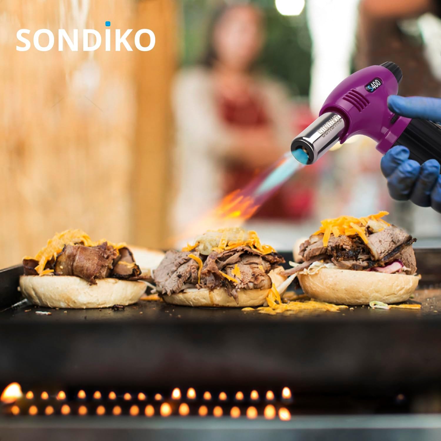 Sondiko Butane Torch S400, Refillable Kitchen Torch Lighter, Fit All Butane Tanks Blow Torch with Safety Lock and Adjustable Flame for Desserts, Creme Brulee, and Baking—Butane Gas Is Not Included