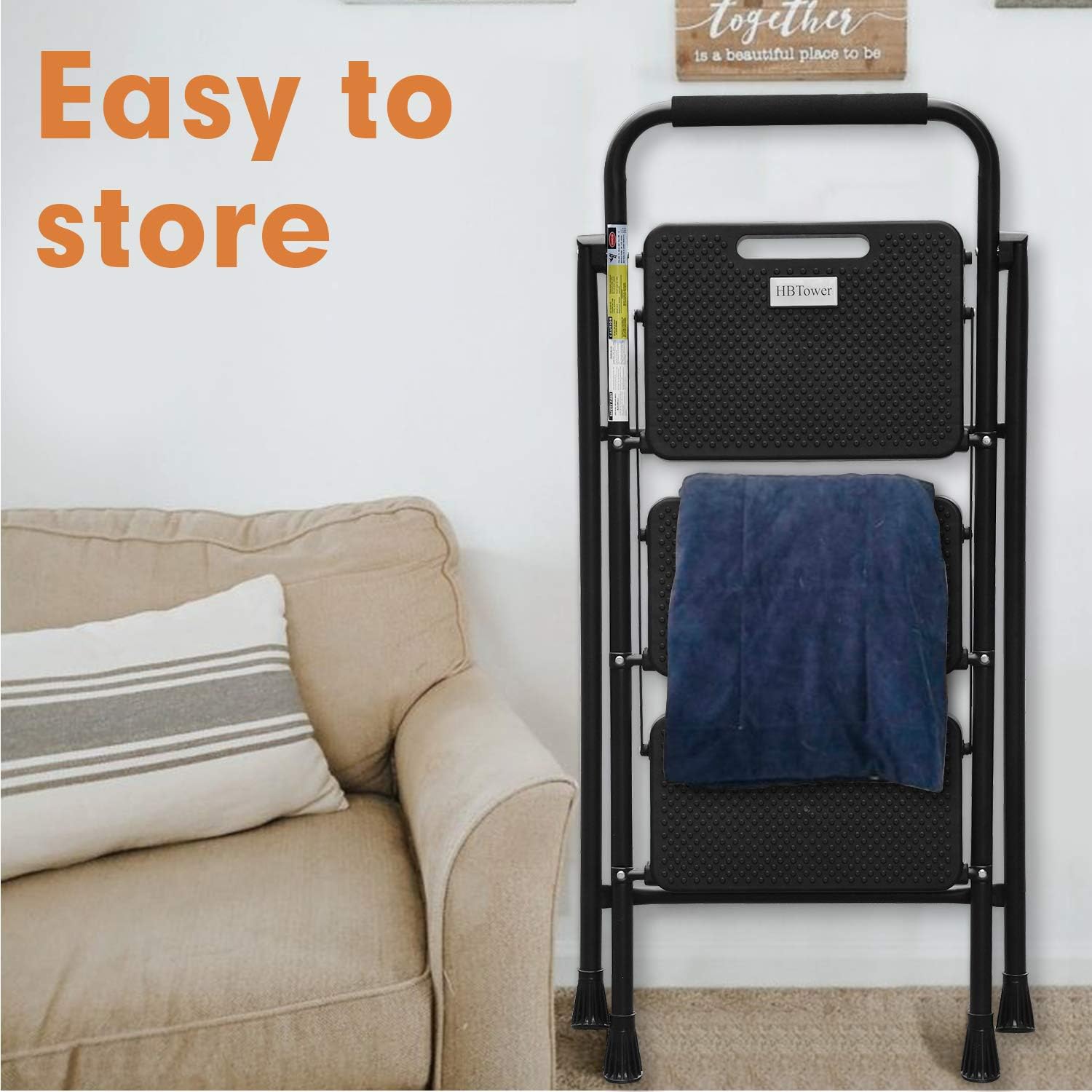 3 Step Ladder, Folding Step Stool with Wide Anti-Slip Pedal, 500lbs Sturdy Steel Ladder, Convenient Handgrip, Lightweight, Portable Steel Step Stool, Black