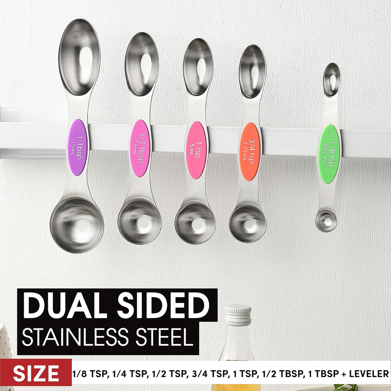 Spring Chef Magnetic Measuring Spoons Set with Strong N45 Magnets, Heavy Duty Stainless Steel Metal, Fits in Most Kitchen Spice Jars for Baking & Cooking, BPA Free, Black, Set of 8 with Leveler