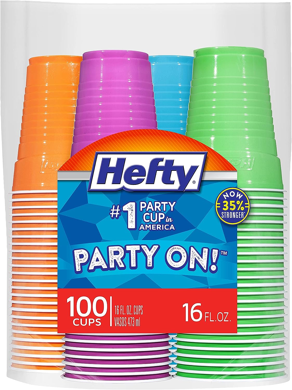 Hefty Party On Disposable Plastic Cups, Assorted, 16 Ounce, 100 Count