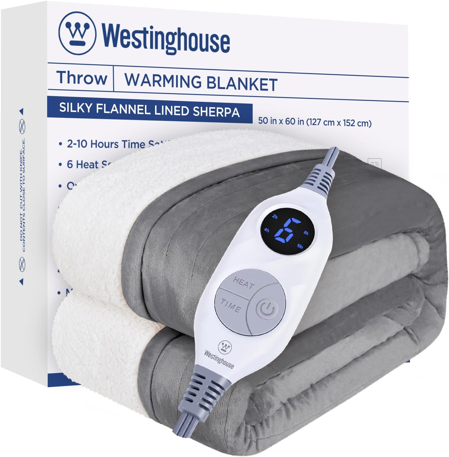 Westinghouse Heated Throw Blanket, Soft Flannel to Sherpa Electric Throw with 6 Heating Levels, 2-10 Hours Time Settings, Fast Heating, Machine Washable 50x60 Inch, Charcoal
