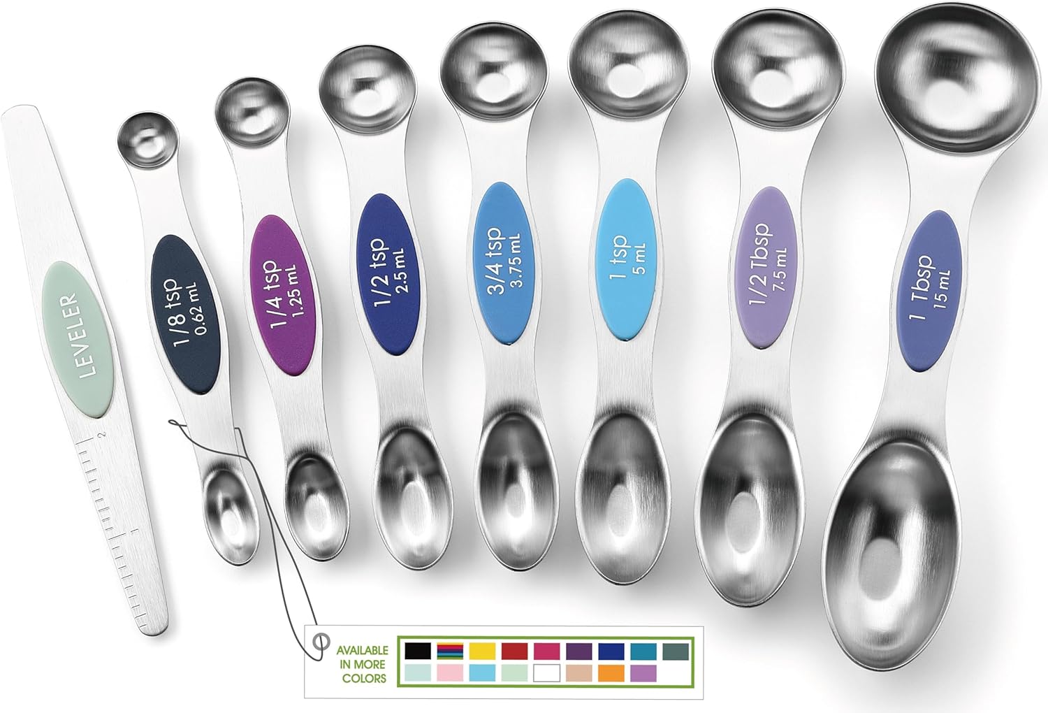 Spring Chef Magnetic Measuring Spoons Set with Strong N45 Magnets, Heavy Duty Stainless Steel Metal, Fits in Most Kitchen Spice Jars for Baking & Cooking, BPA Free, Black, Set of 8 with Leveler